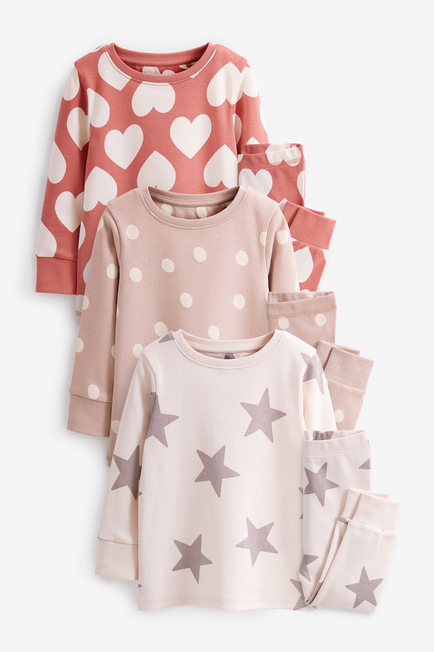 Brown/Cream Heart, Spot And Star Pyjamas 3 Pack (9mths-12yrs)