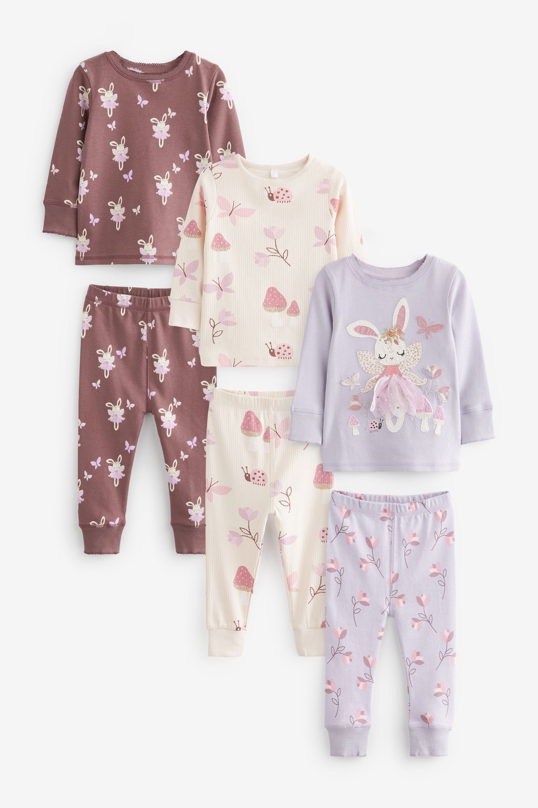 Purple/White Bunny 3 Pack Long Sleeve Printed Pyjamas (9mths-12yrs)