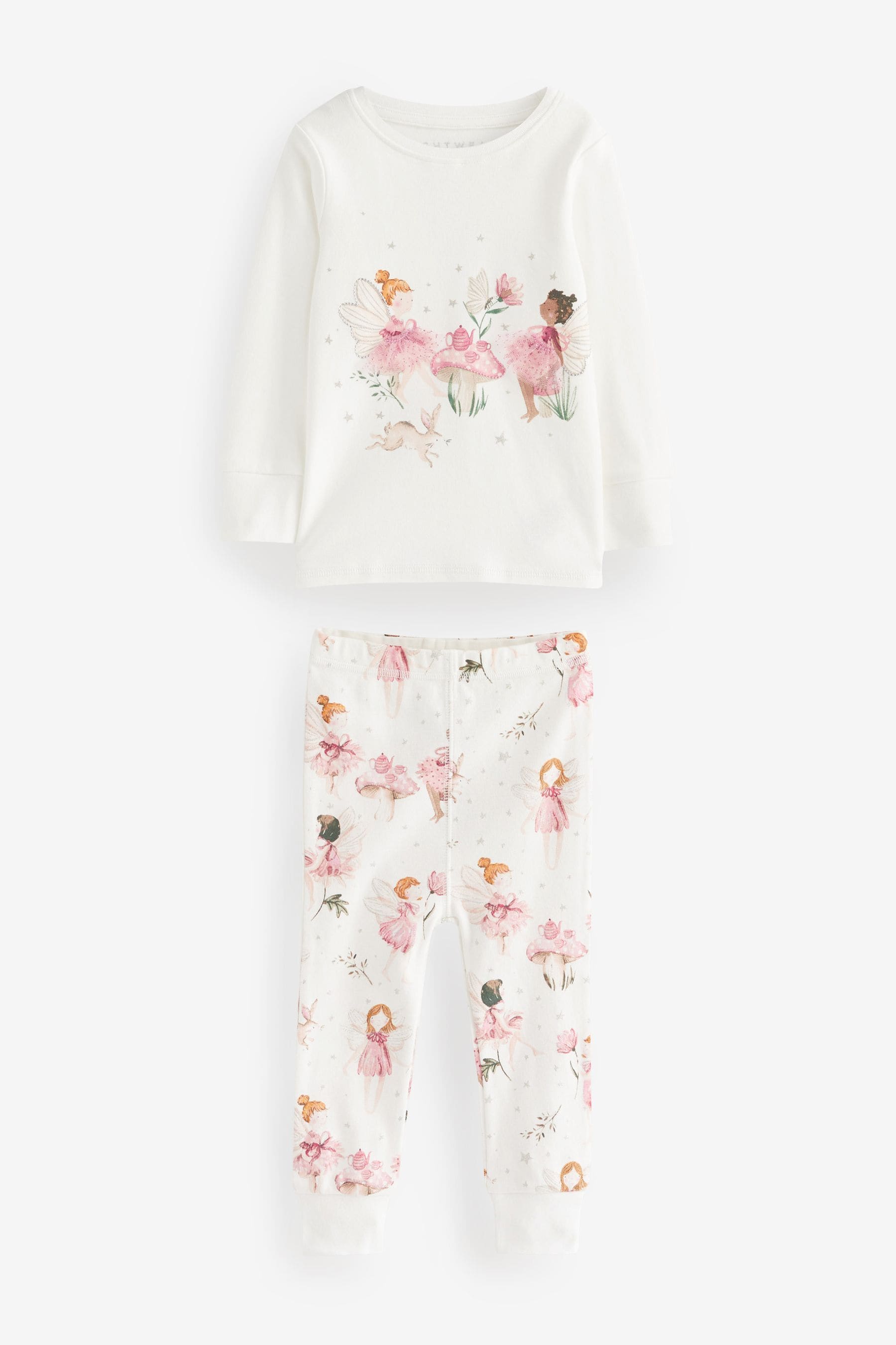 Pink/Ecru White Fairy 3 Pack Long Sleeve Printed Pyjamas (9mths-12yrs)