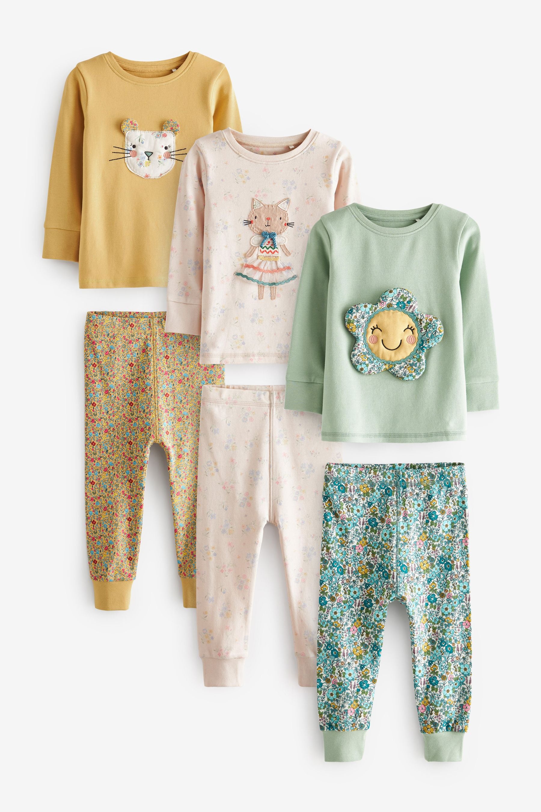 Blue/Yellow Ditsy Character 3 Pack Long Sleeve Printed Pyjamas (9mths-12yrs)