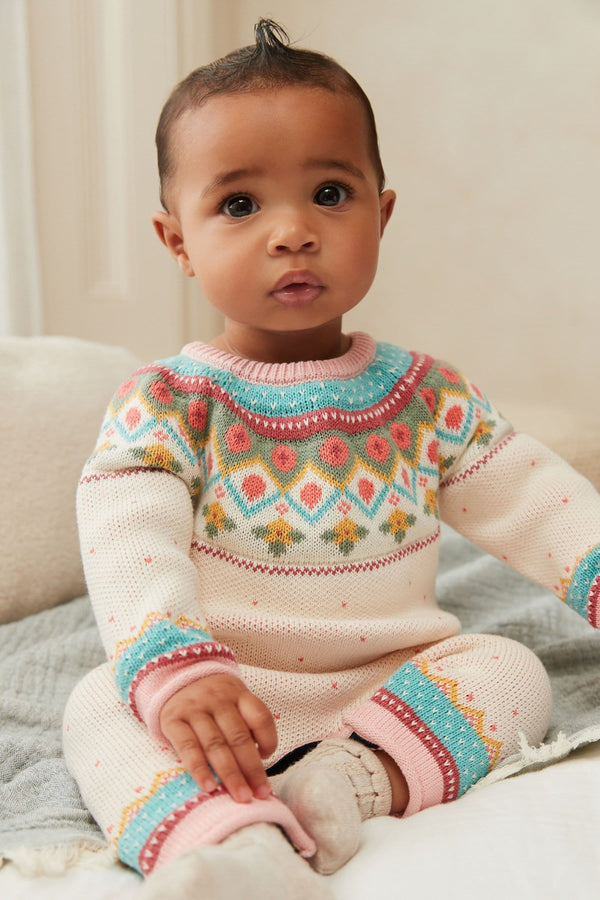 Pink Fairisle Pattern Knit Baby Romper (0mths-2yrs)