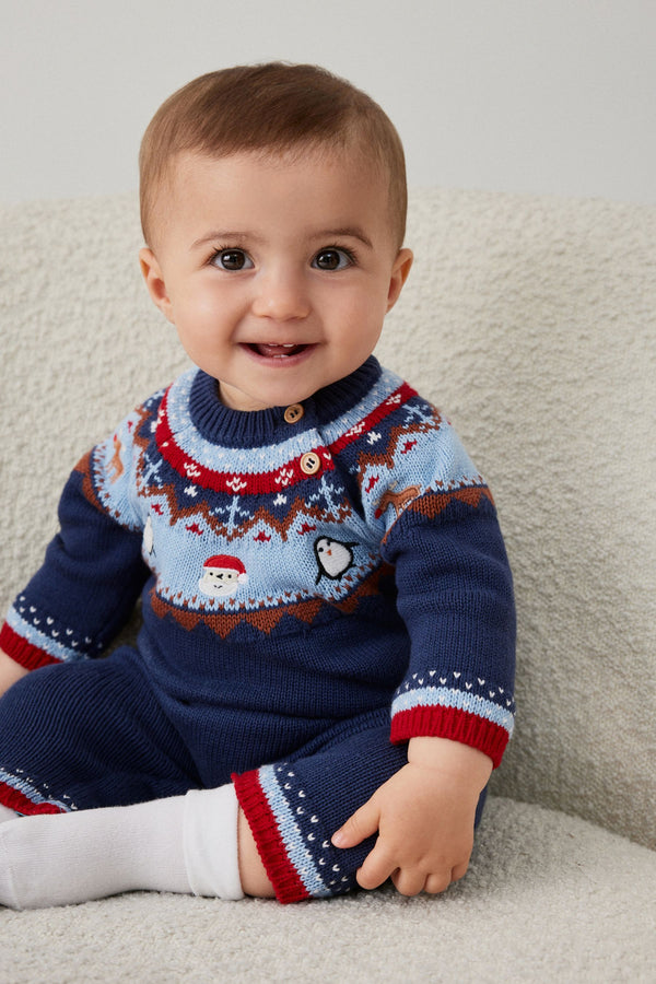 Navy Blue/Red Fairisle Pattern Christmas Icon Baby Romper (0mths-2yrs)