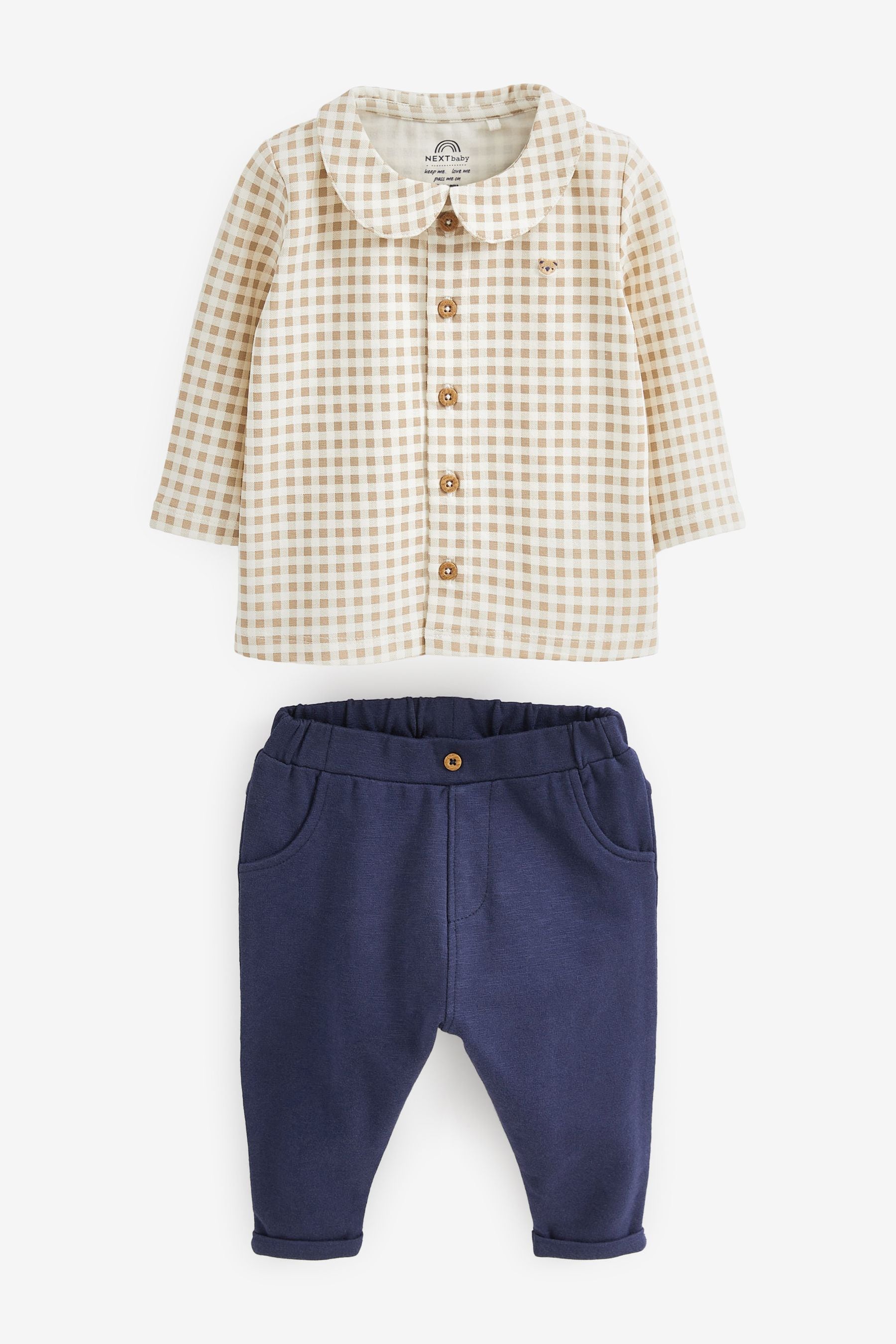 Navy Blue/Oatmeal Cream Baby Smart Jersey Shirt And Trousers 2 Piece Set