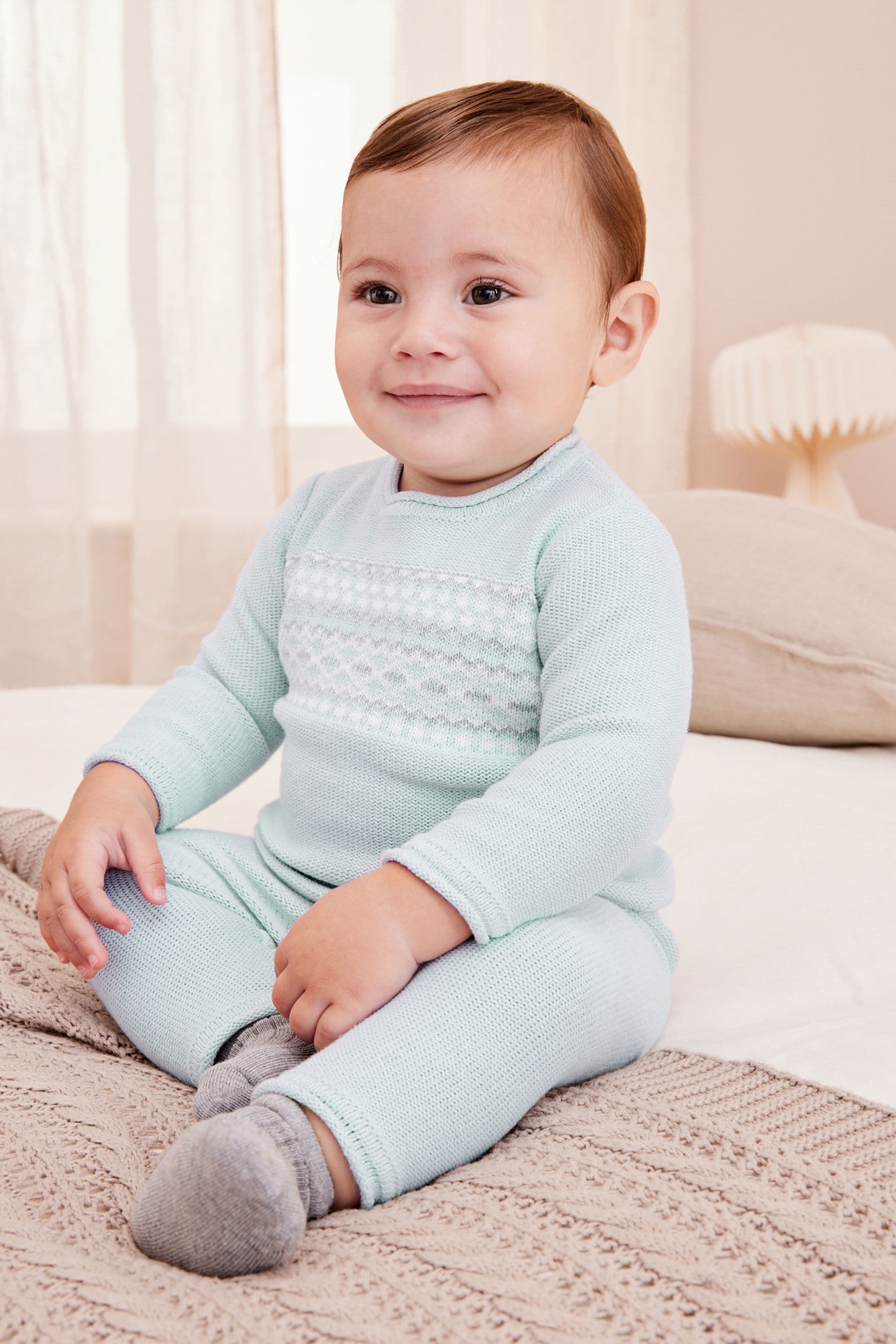 Blue Knitted Baby Jumper And Leggings Set With Knit Detail (0mths-2yrs)