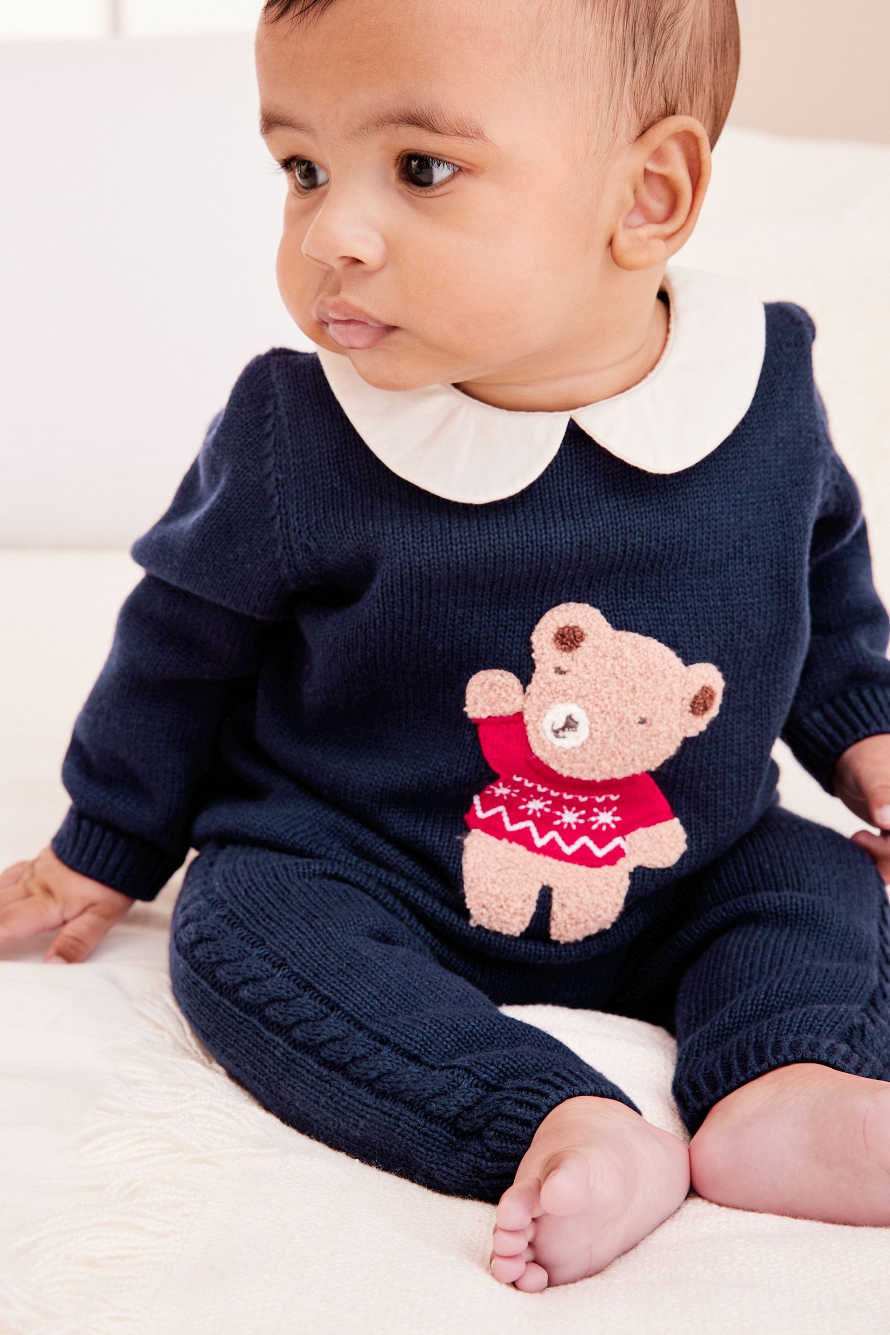 Navy Blue Knitted Baby Jumper And Leggings Set With Bear Motif (0mths-2yrs)