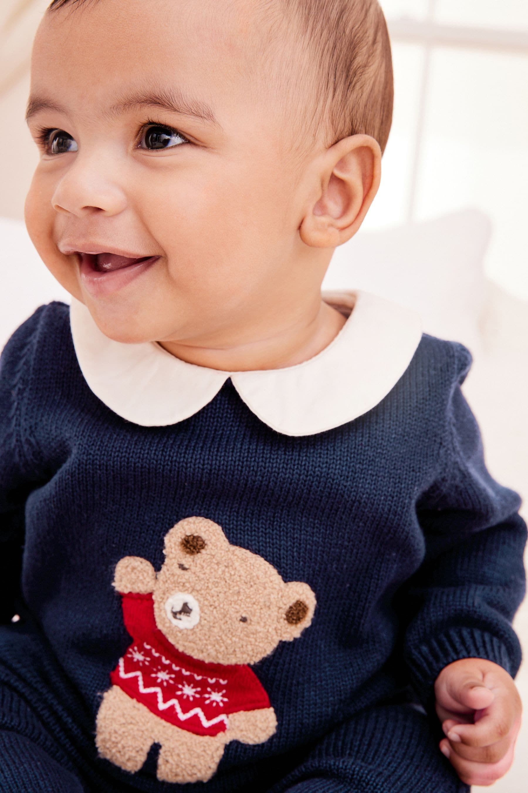 Navy Blue Knitted Baby Jumper And Leggings Set With Bear Motif (0mths-2yrs)