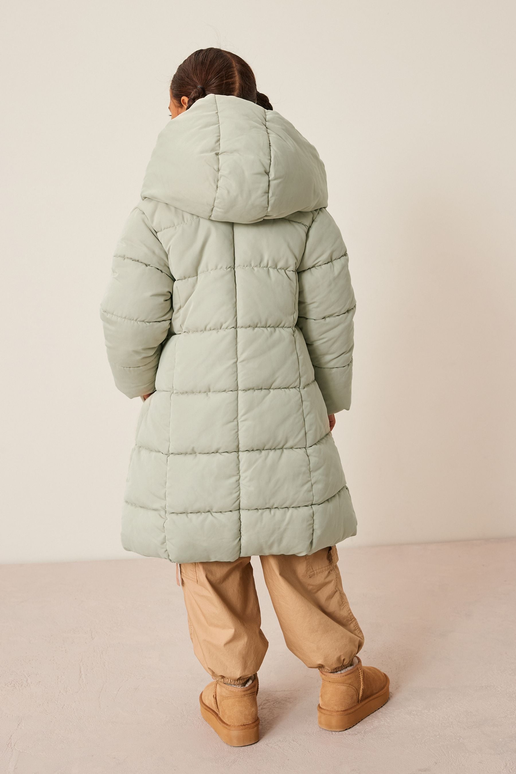 Khaki Green Square Quilted Skirted Padded Coat (3-16yrs)