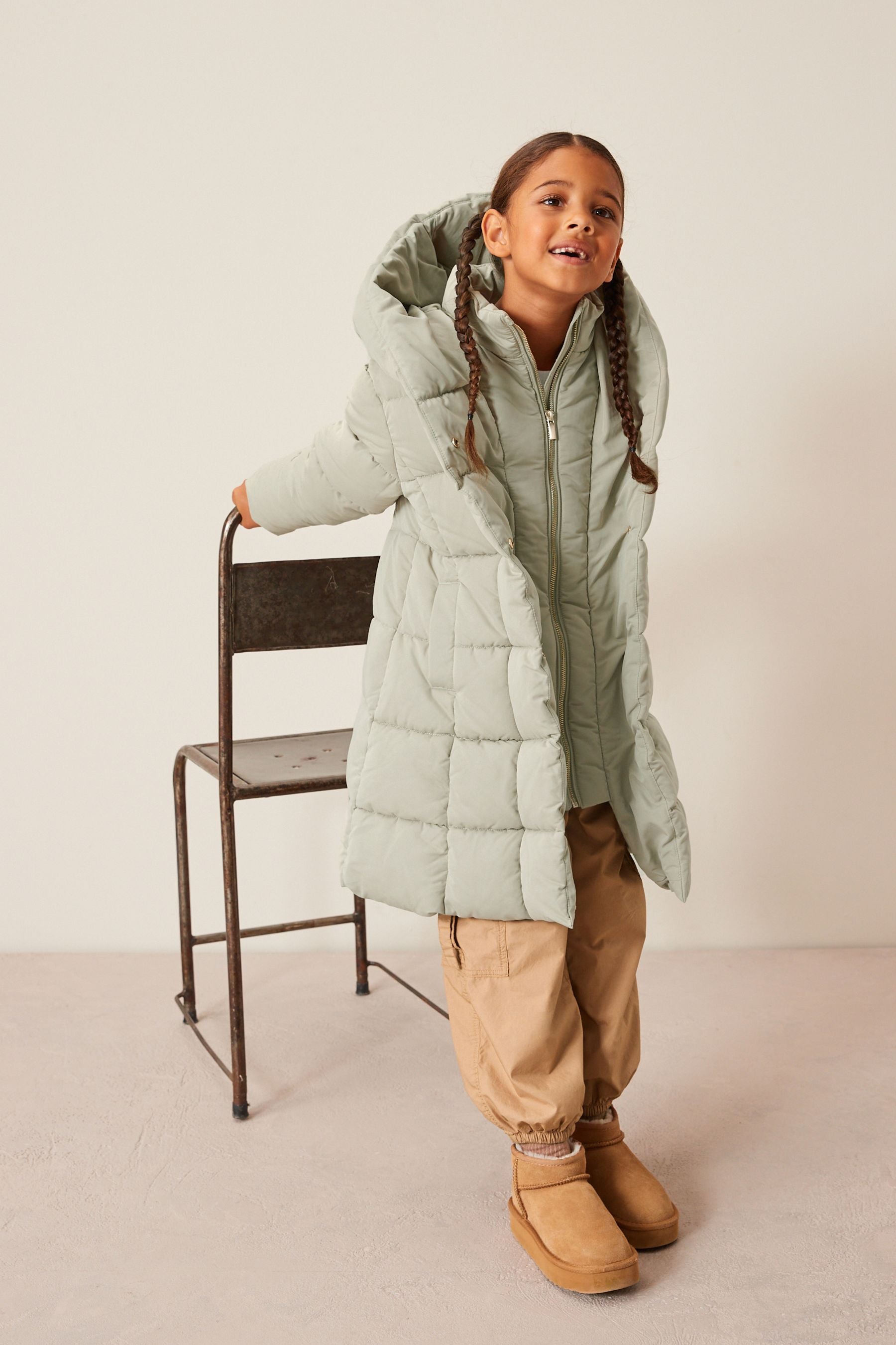 Khaki Green Square Quilted Skirted Padded Coat (3-16yrs)