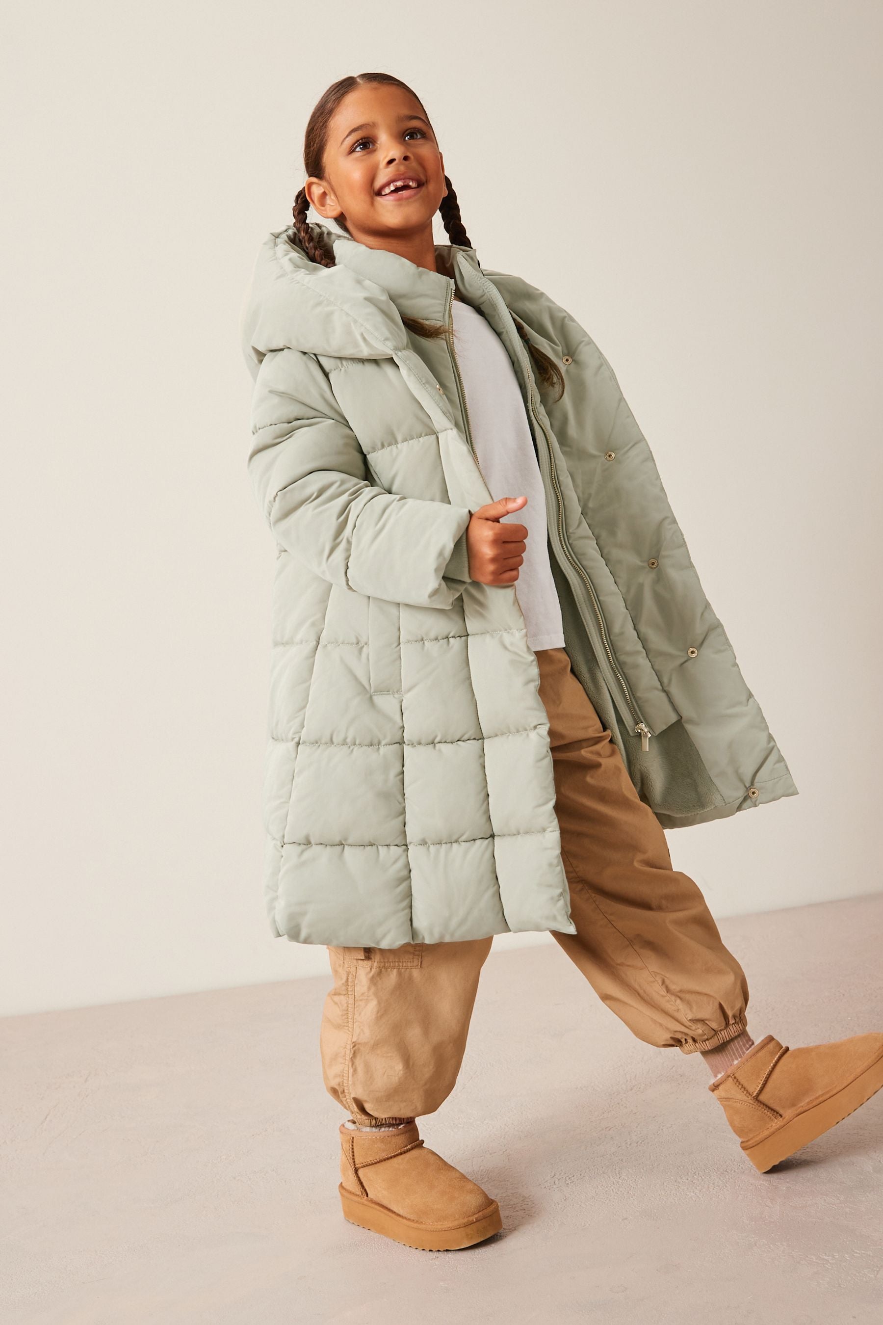 Khaki Green Square Quilted Skirted Padded Coat (3-16yrs)