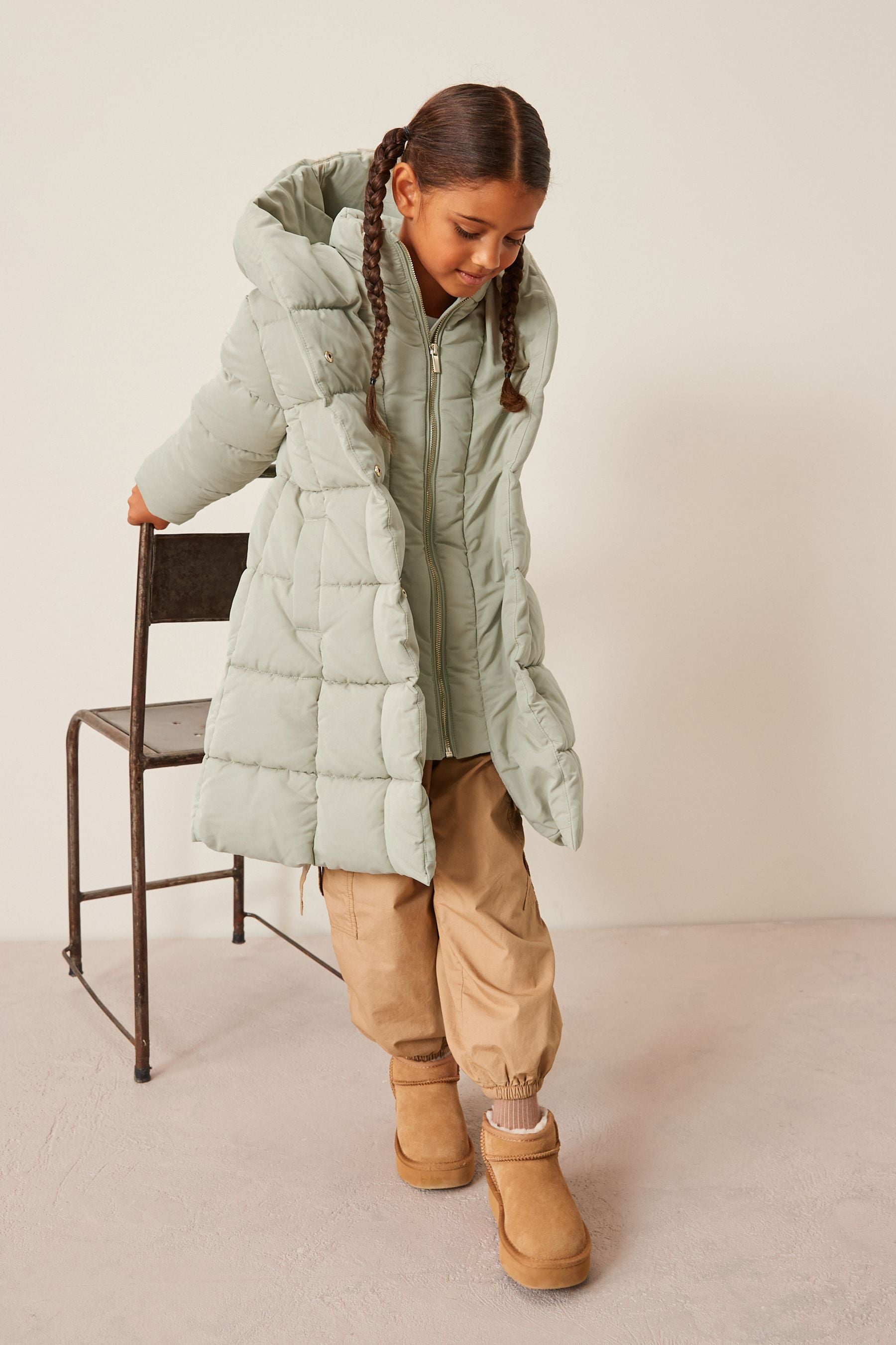 Khaki Green Square Quilted Skirted Padded Coat (3-16yrs)