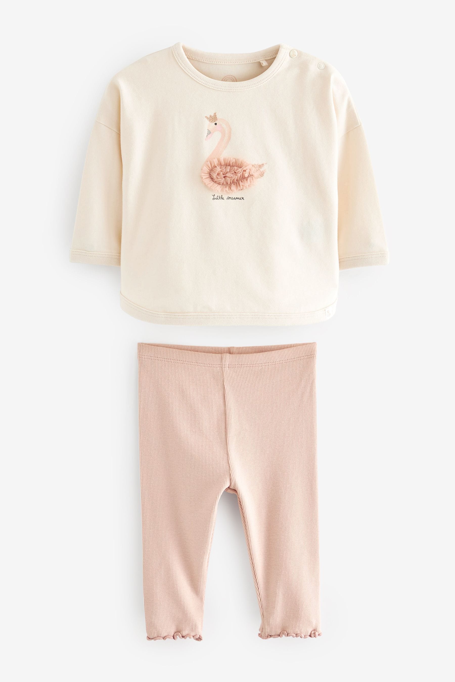 Cream/Pink Swan Baby Top And Leggings Set