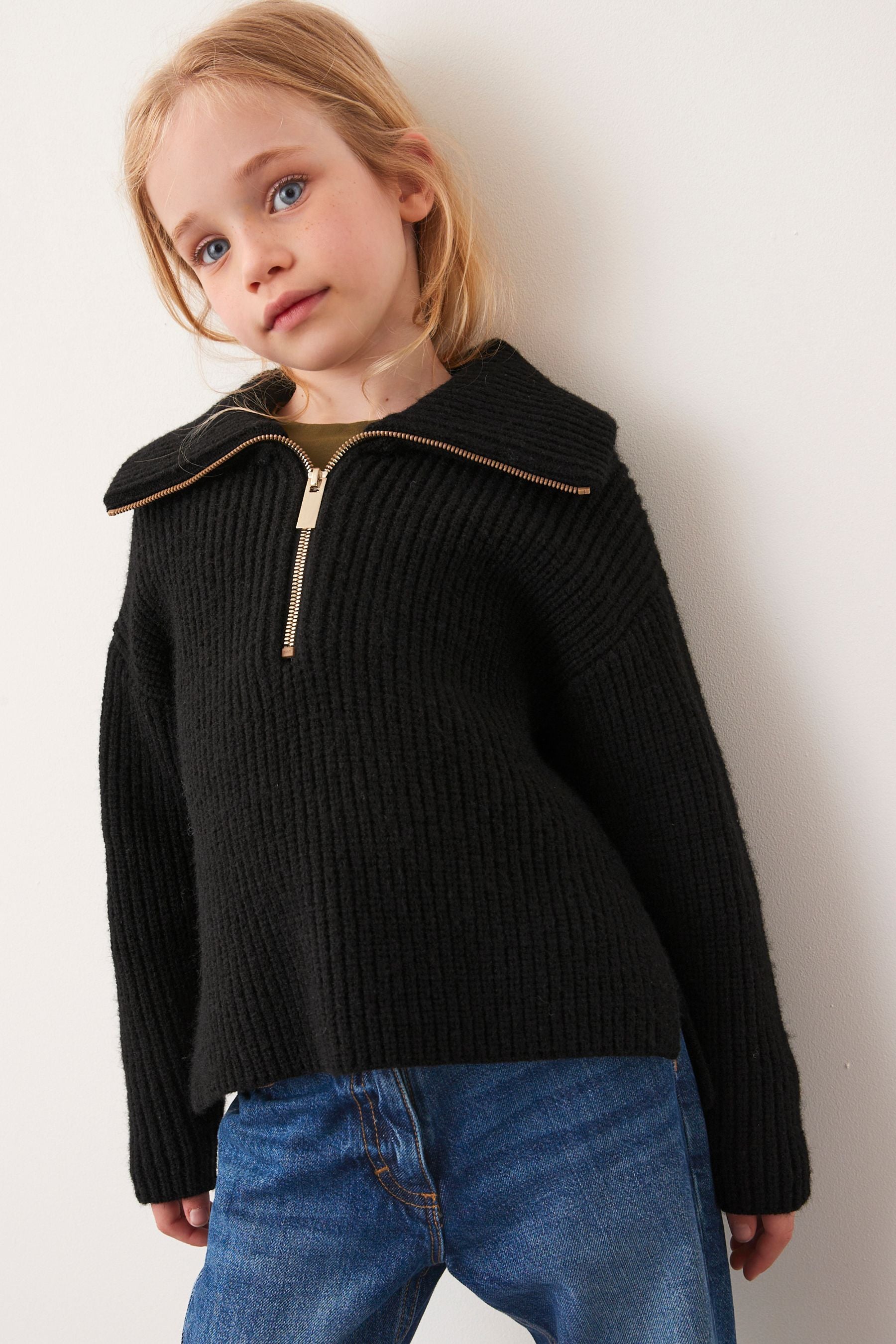 Black Half Zip Boxy Jumper (3-16yrs)