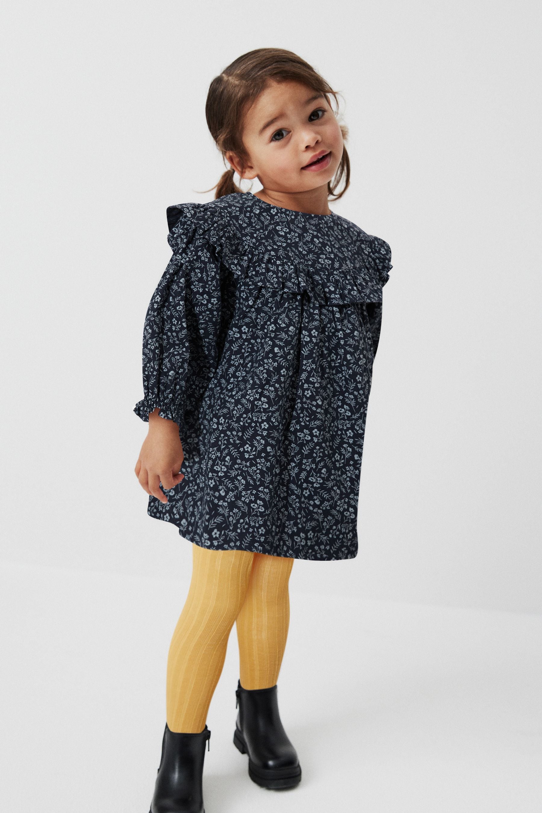 Navy Blue Ditsy Ruffle Dress And Tights Set (3mths-8yrs)