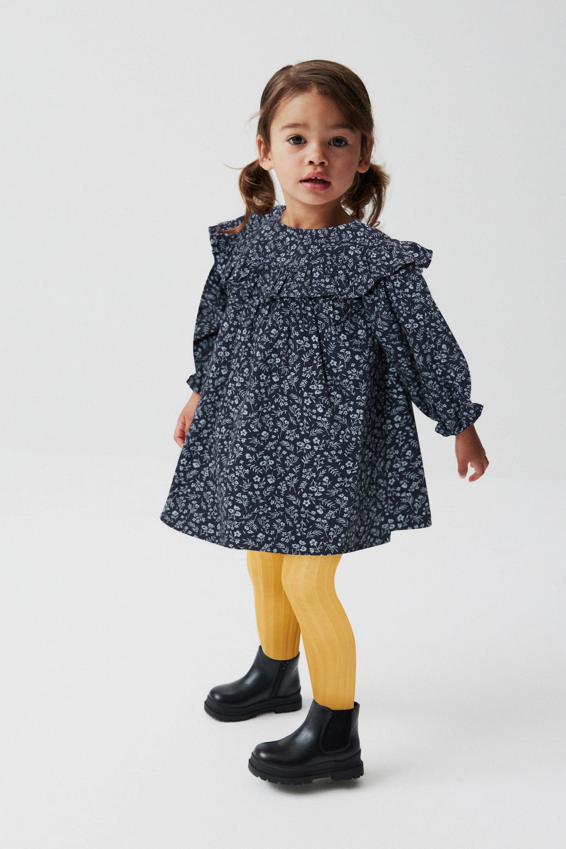 Navy Blue Ditsy Ruffle Dress And Tights Set (3mths-8yrs)