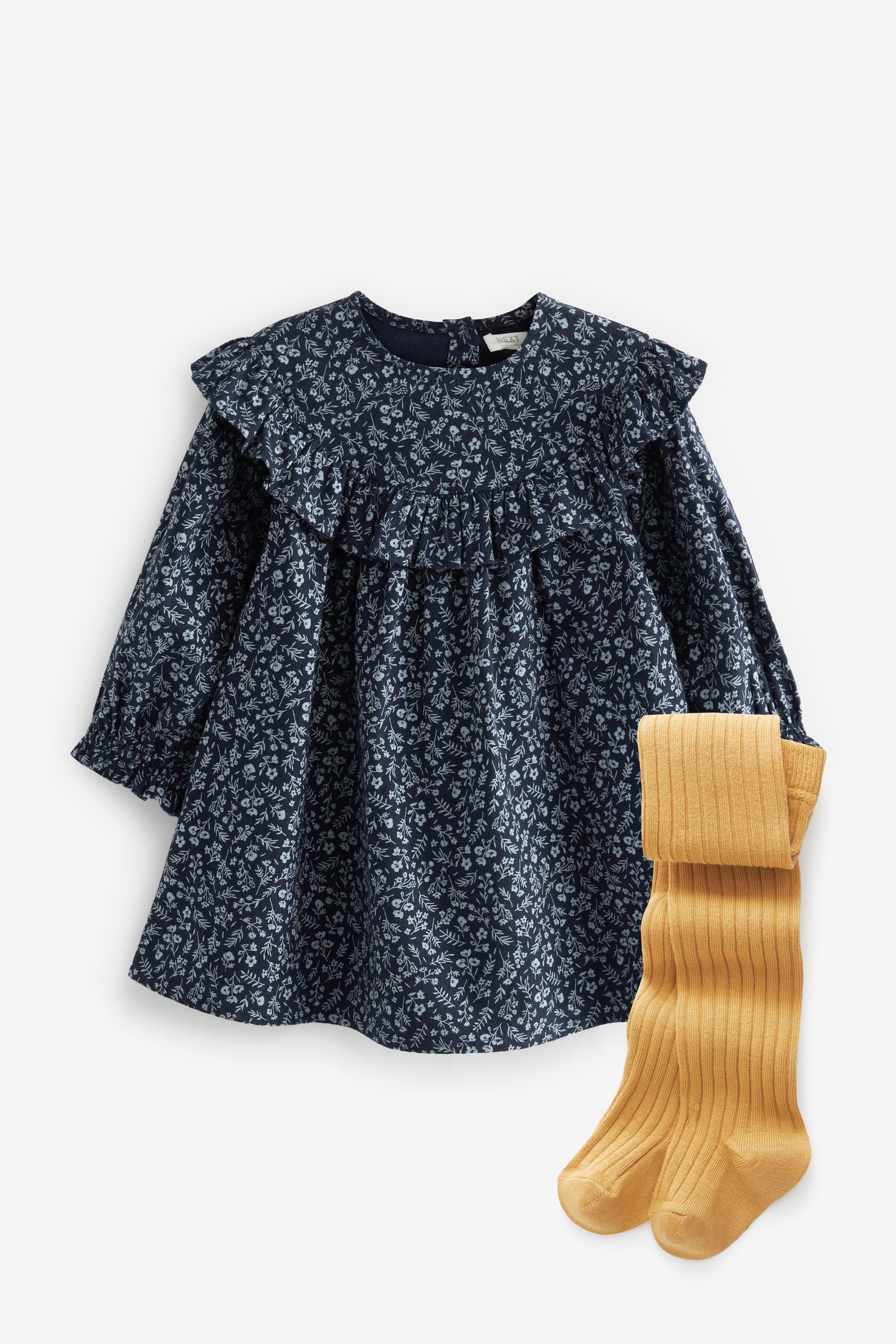 Navy Blue Ditsy Ruffle Dress And Tights Set (3mths-8yrs)