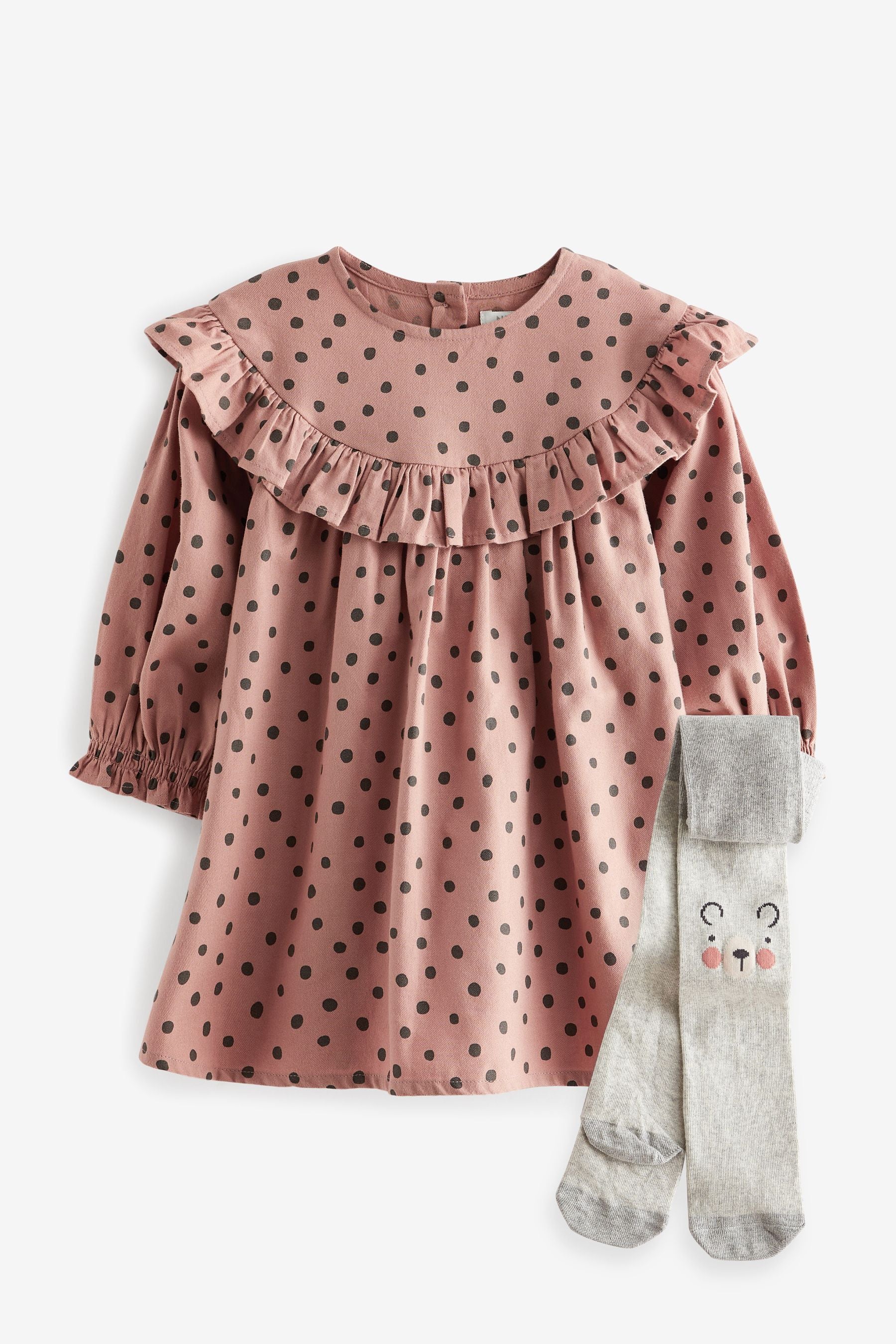 Pink Spot Ruffle Dress And Tights Set (3mths-8yrs)