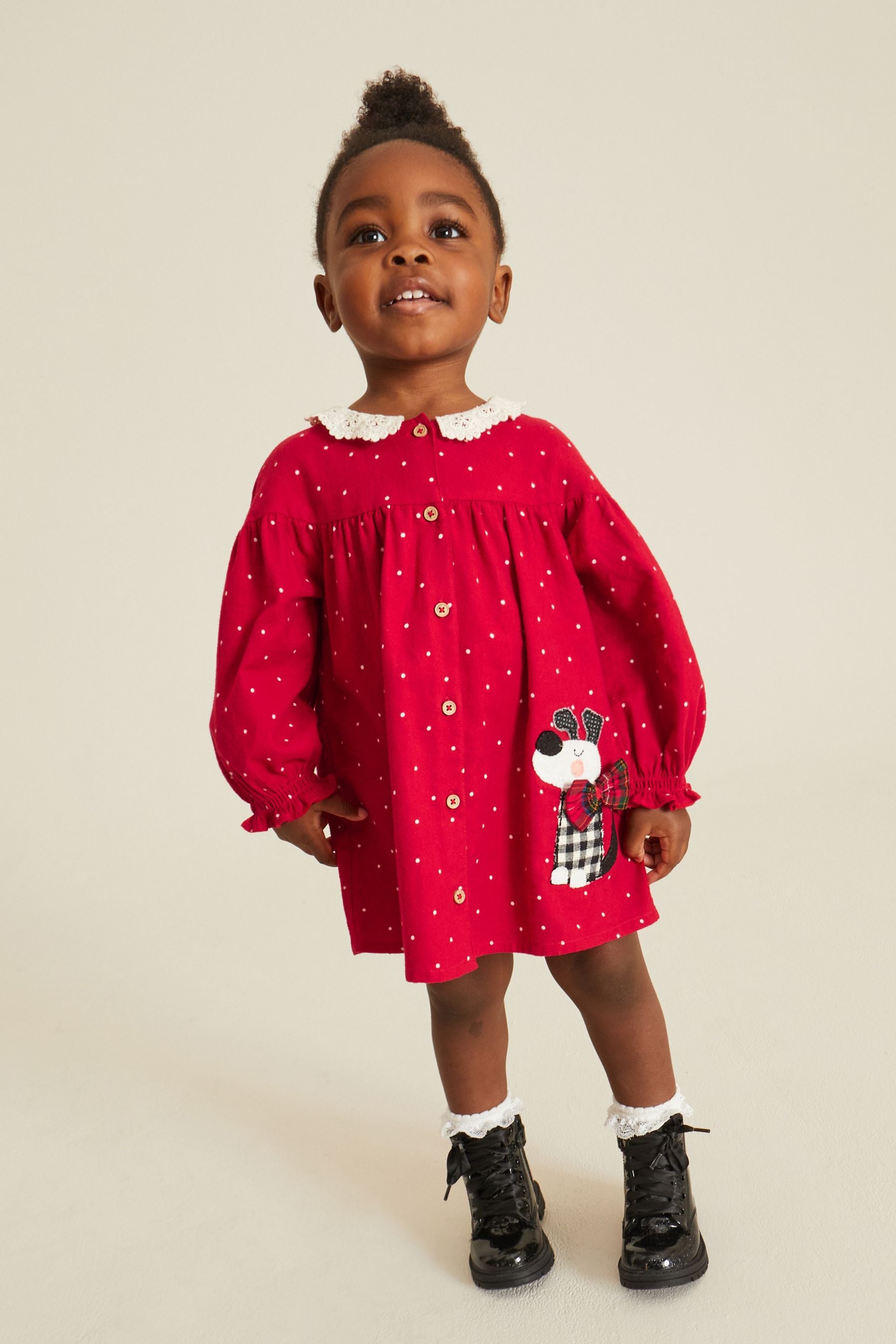 Red Spot Appliquééé Dog Lace Collar Dress (3mths-8yrs)