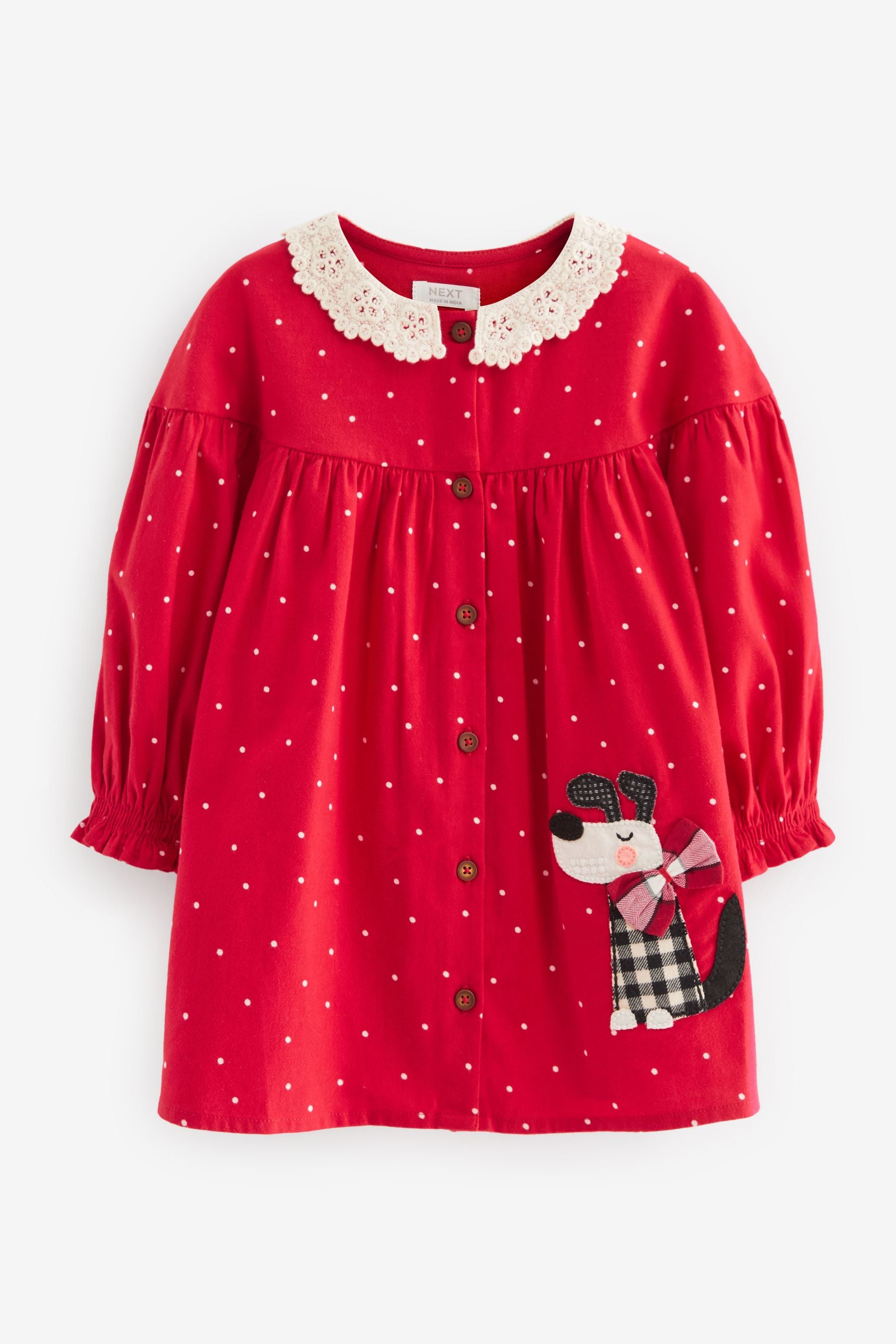 Red Spot Appliquééé Dog Lace Collar Dress (3mths-8yrs)