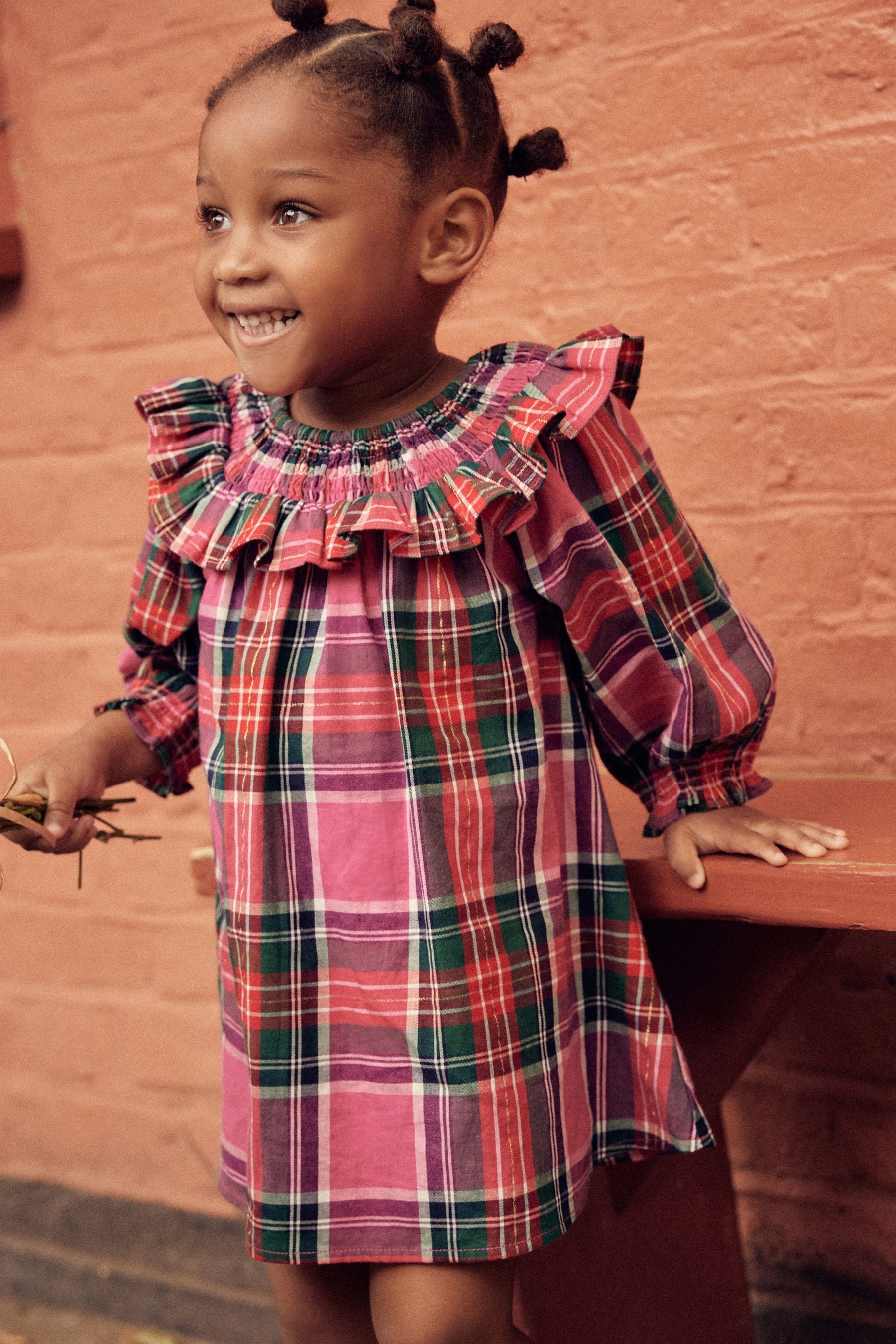 Bright Pink Shirred Check Dress (3mths-8yrs)