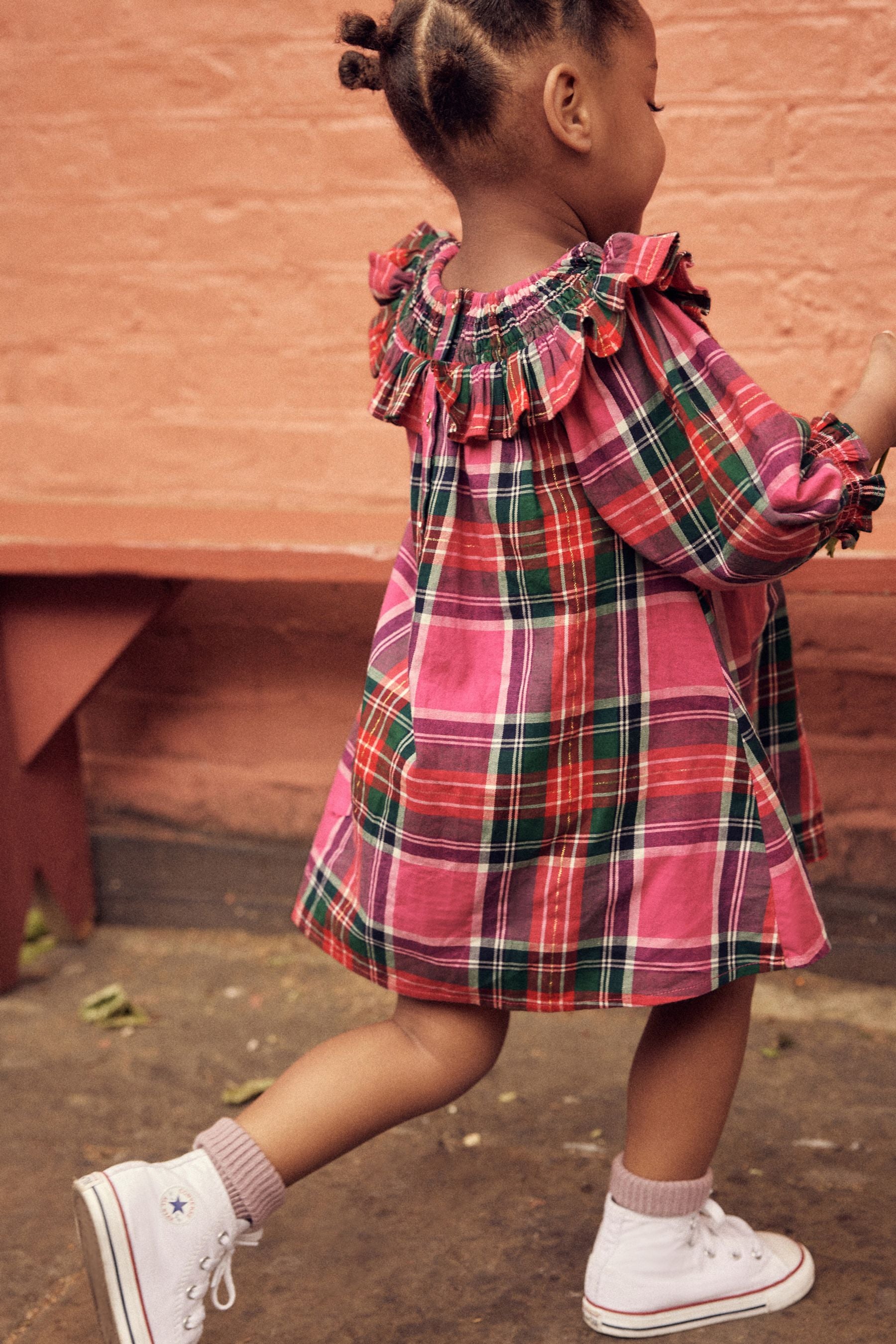 Bright Pink Shirred Check Dress (3mths-8yrs)