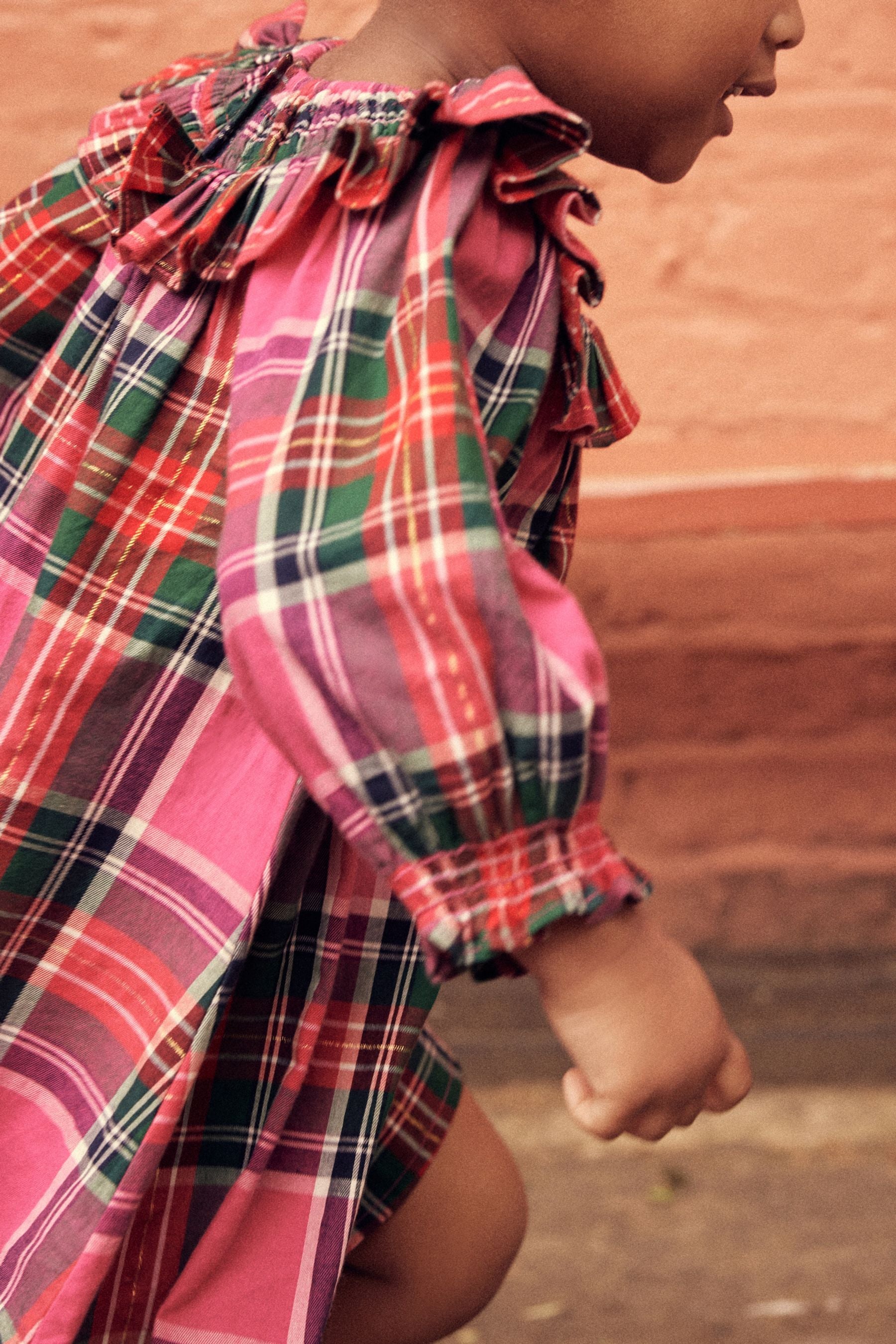 Bright Pink Shirred Check Dress (3mths-8yrs)