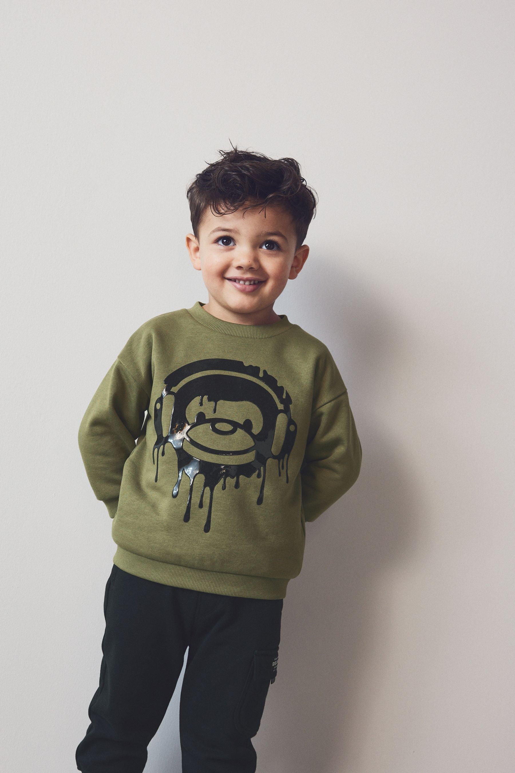 Khaki Green/Black Drippy Monkey Character Sweatshirt and Joggers Set (3mths-7yrs)