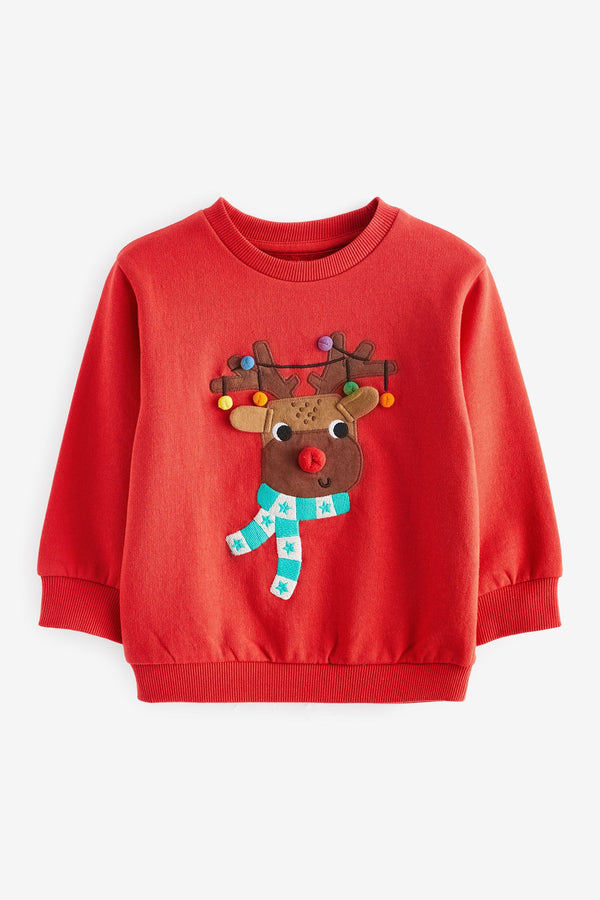 Red Reindeer Christmas Appliqu??©??©??© Crew Neck Sweatshirt (3mths-7yrs)