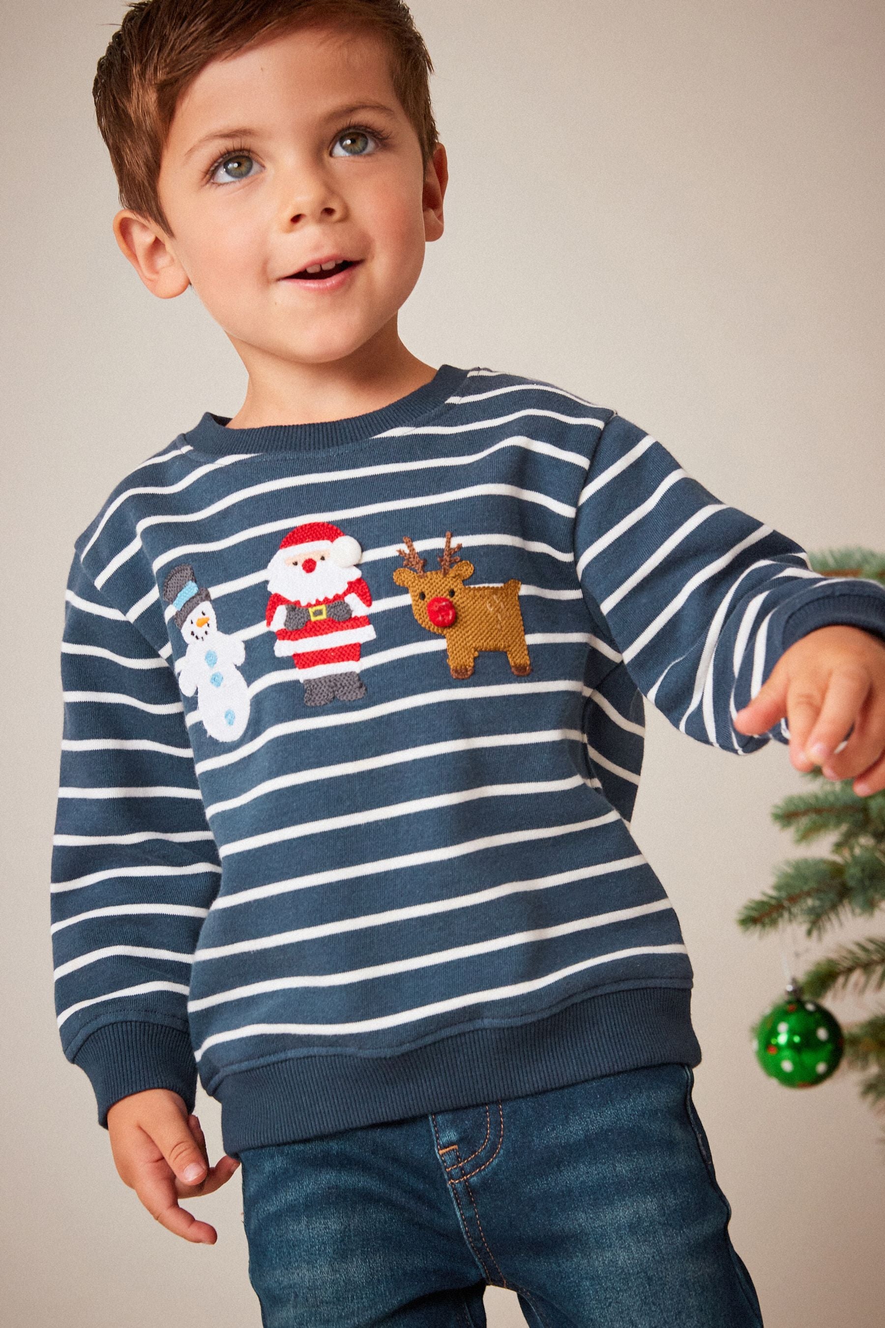 Navy Blue Stripe Christmas Appliquééé Crew Neck Sweatshirt (3mths-7yrs)