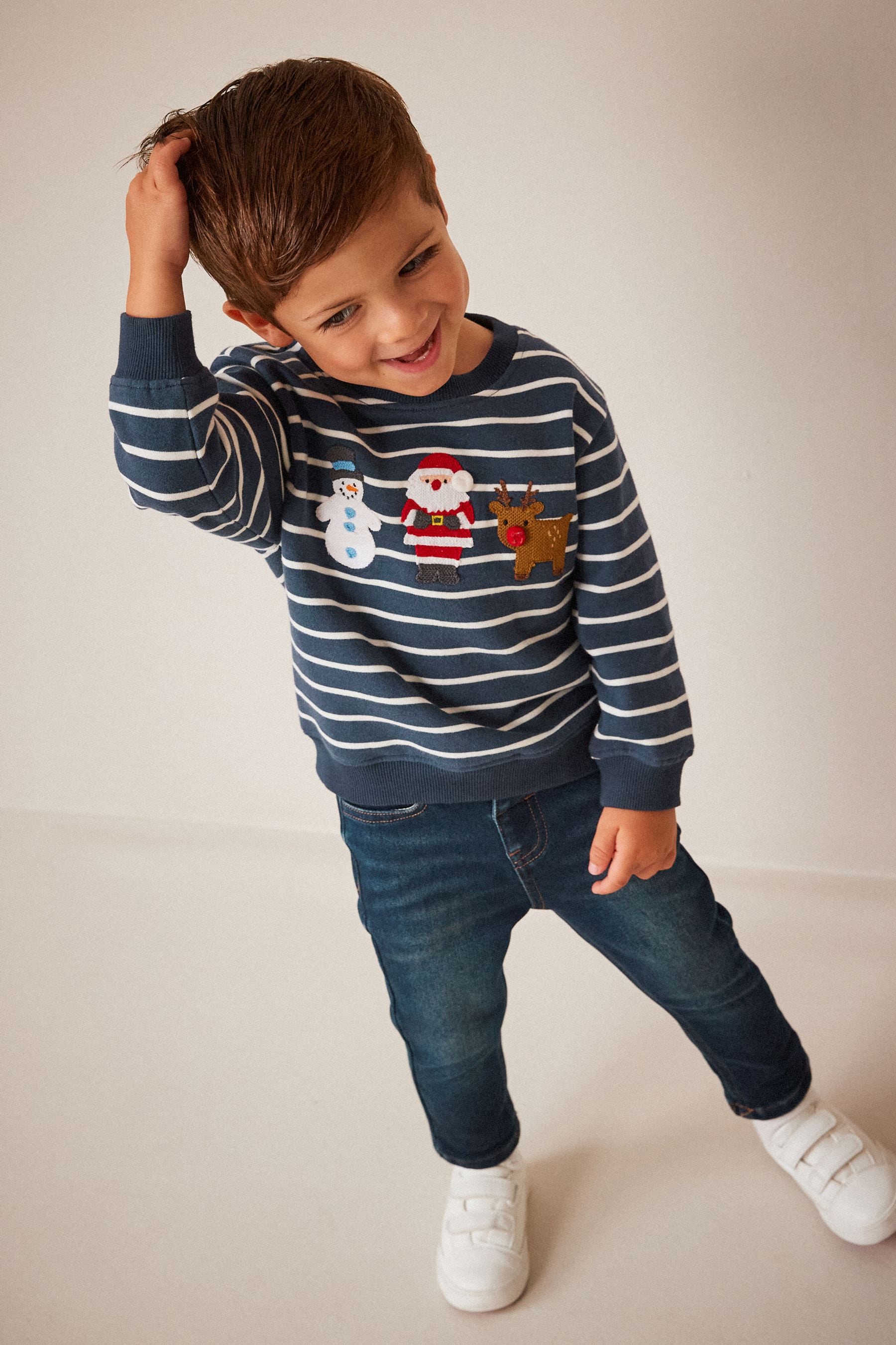 Navy Blue Stripe Christmas Appliquééé Crew Neck Sweatshirt (3mths-7yrs)