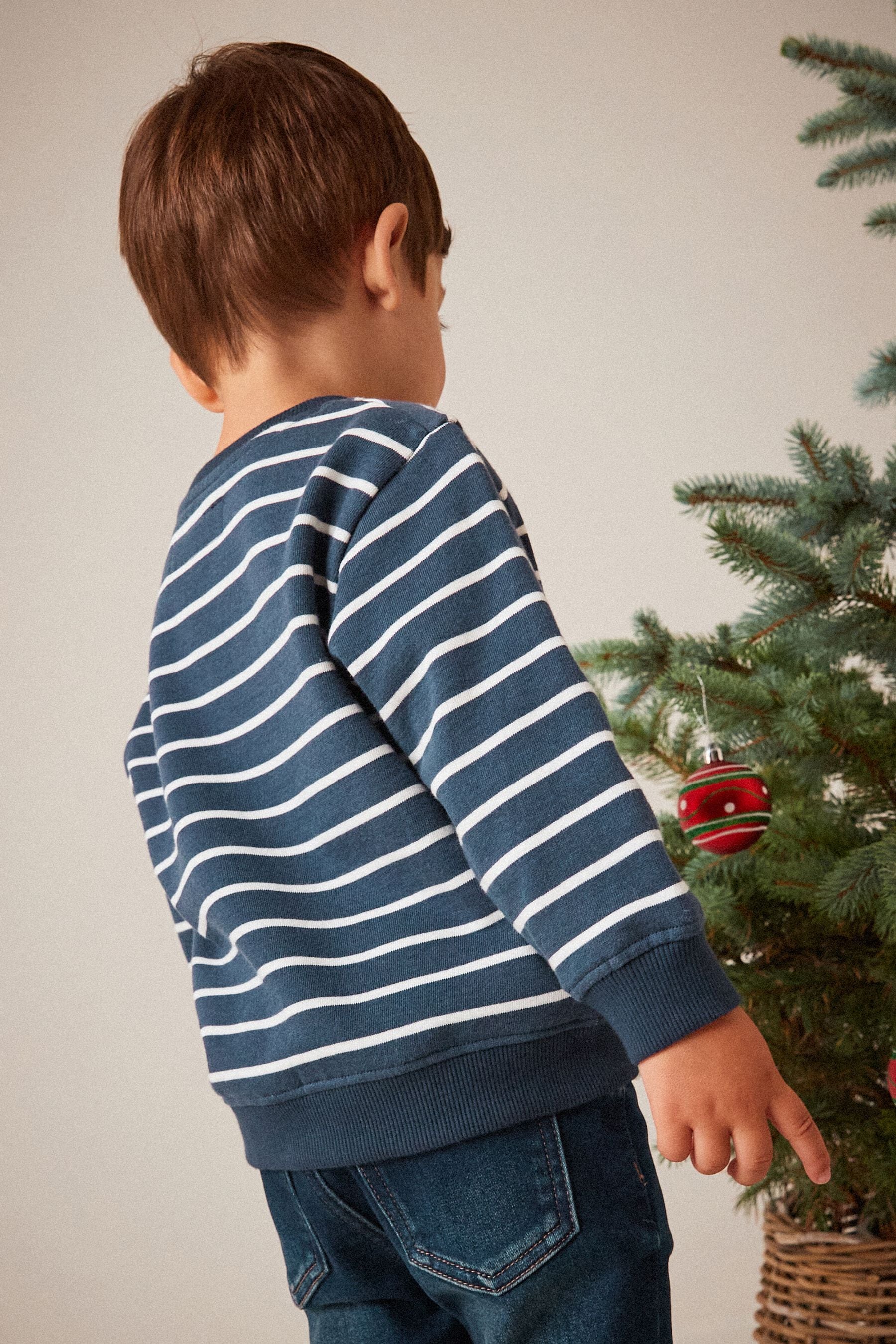 Navy Blue Stripe Christmas Appliquééé Crew Neck Sweatshirt (3mths-7yrs)