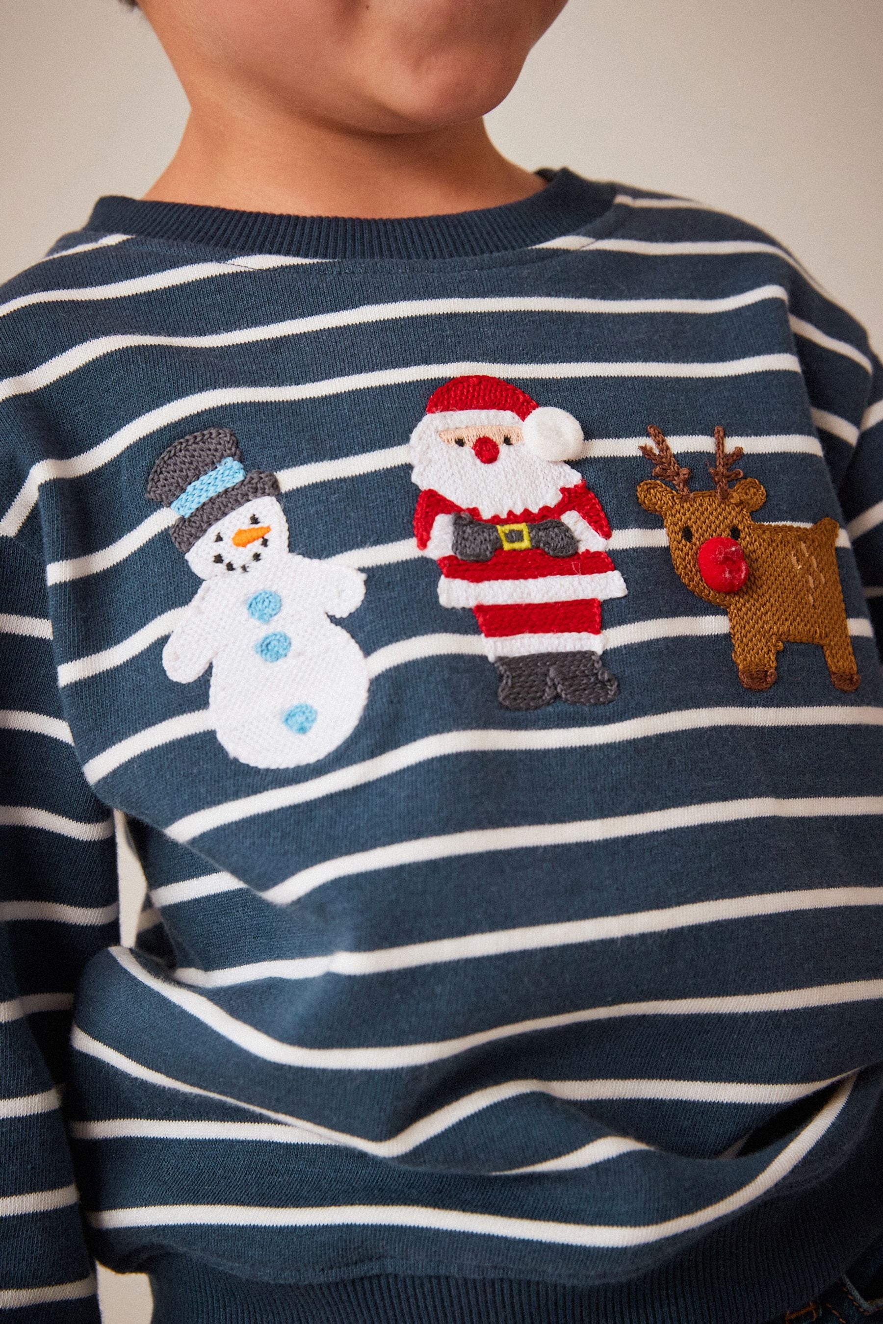 Navy Blue Stripe Christmas Appliquééé Crew Neck Sweatshirt (3mths-7yrs)