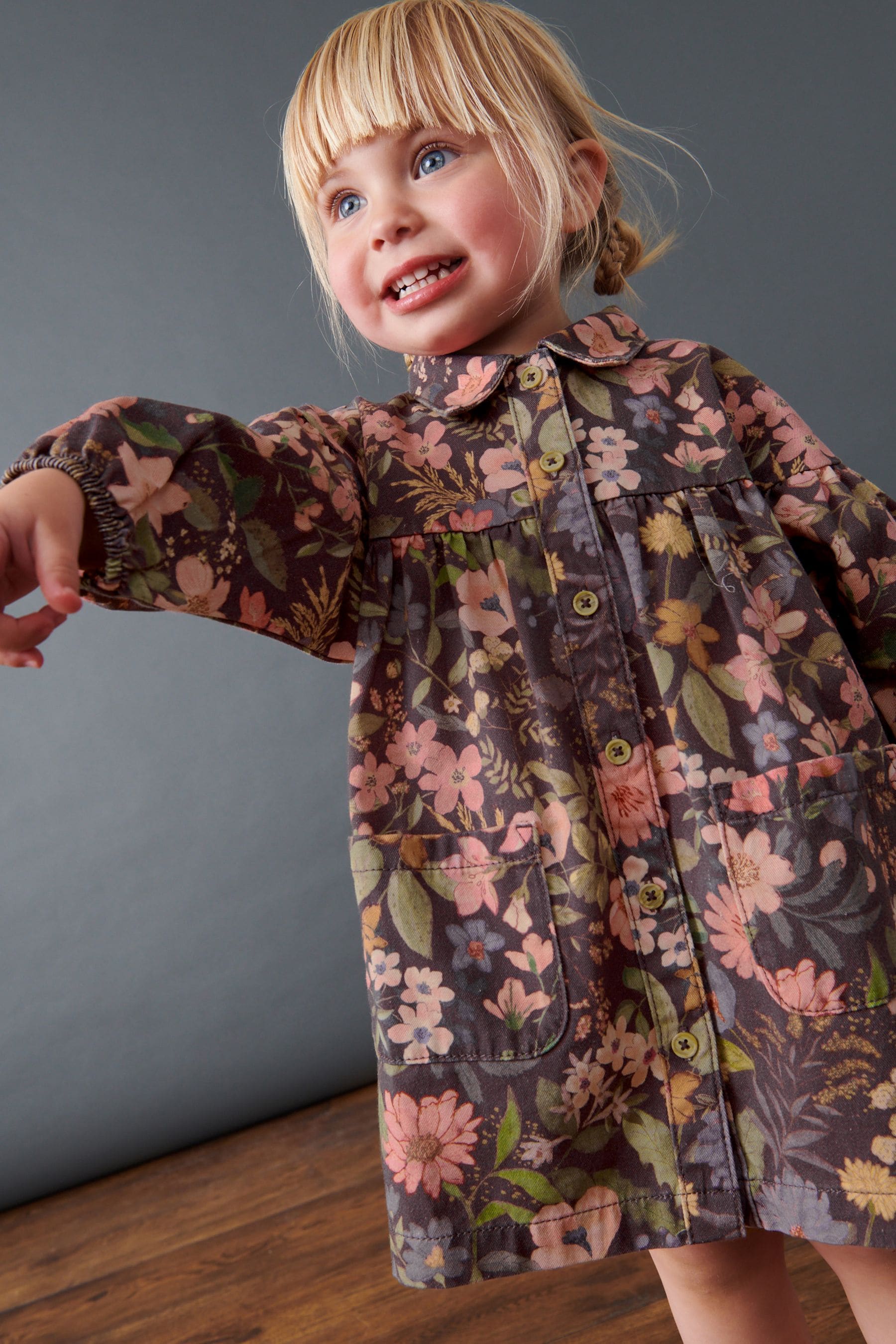 Chocolate Floral Print Cotton Shirt Dress (3mths-8yrs)