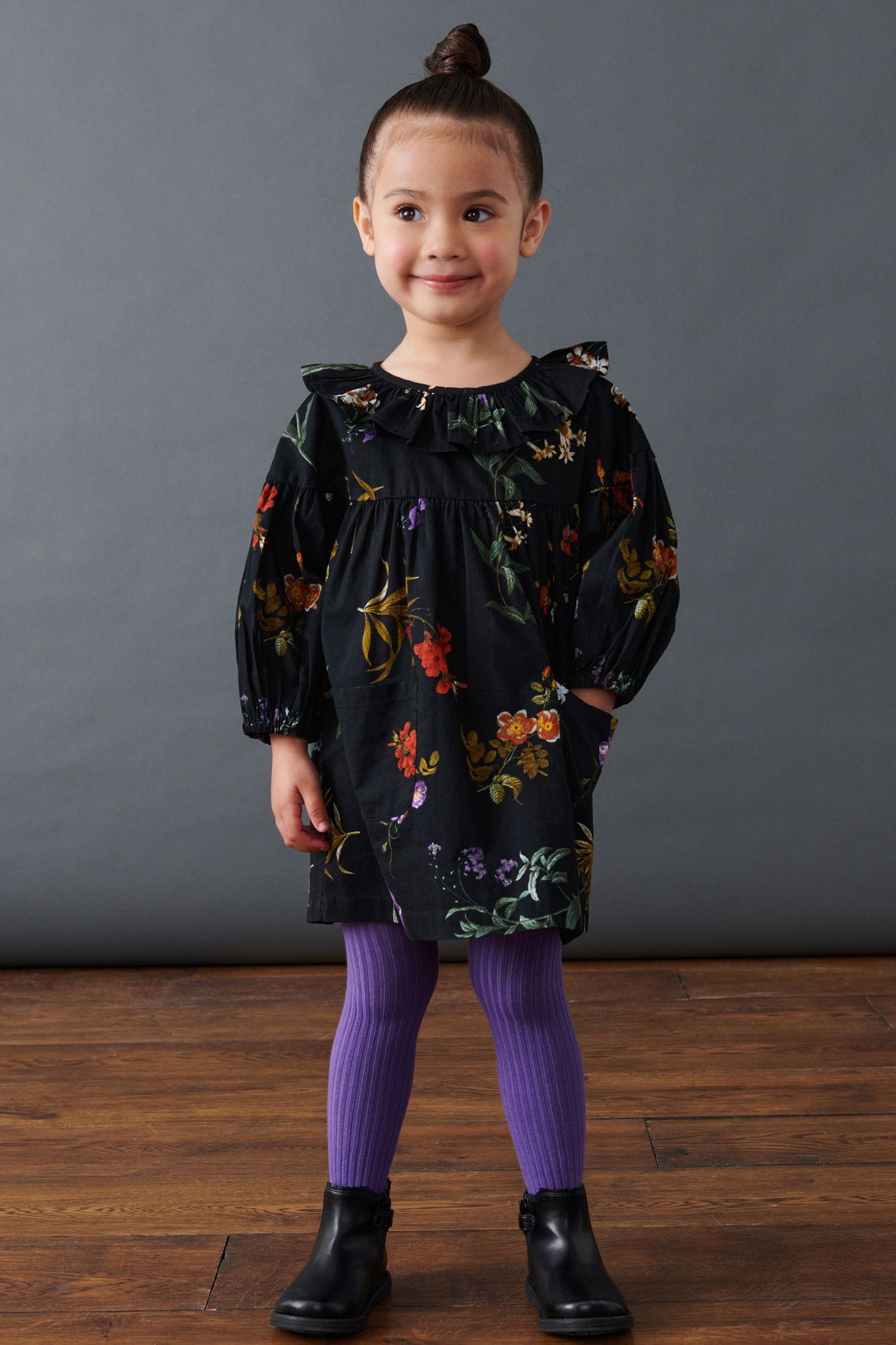 Black Floral Ruffle Collar Dress And Tights Set (3mths-8yrs)