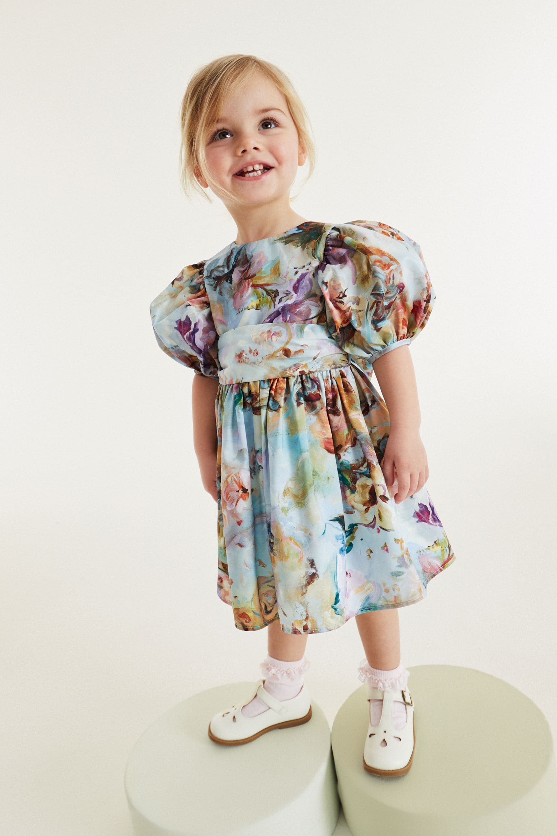 Pale Blue Floral Printed Taffeta Party Dress (3mths-8yrs)