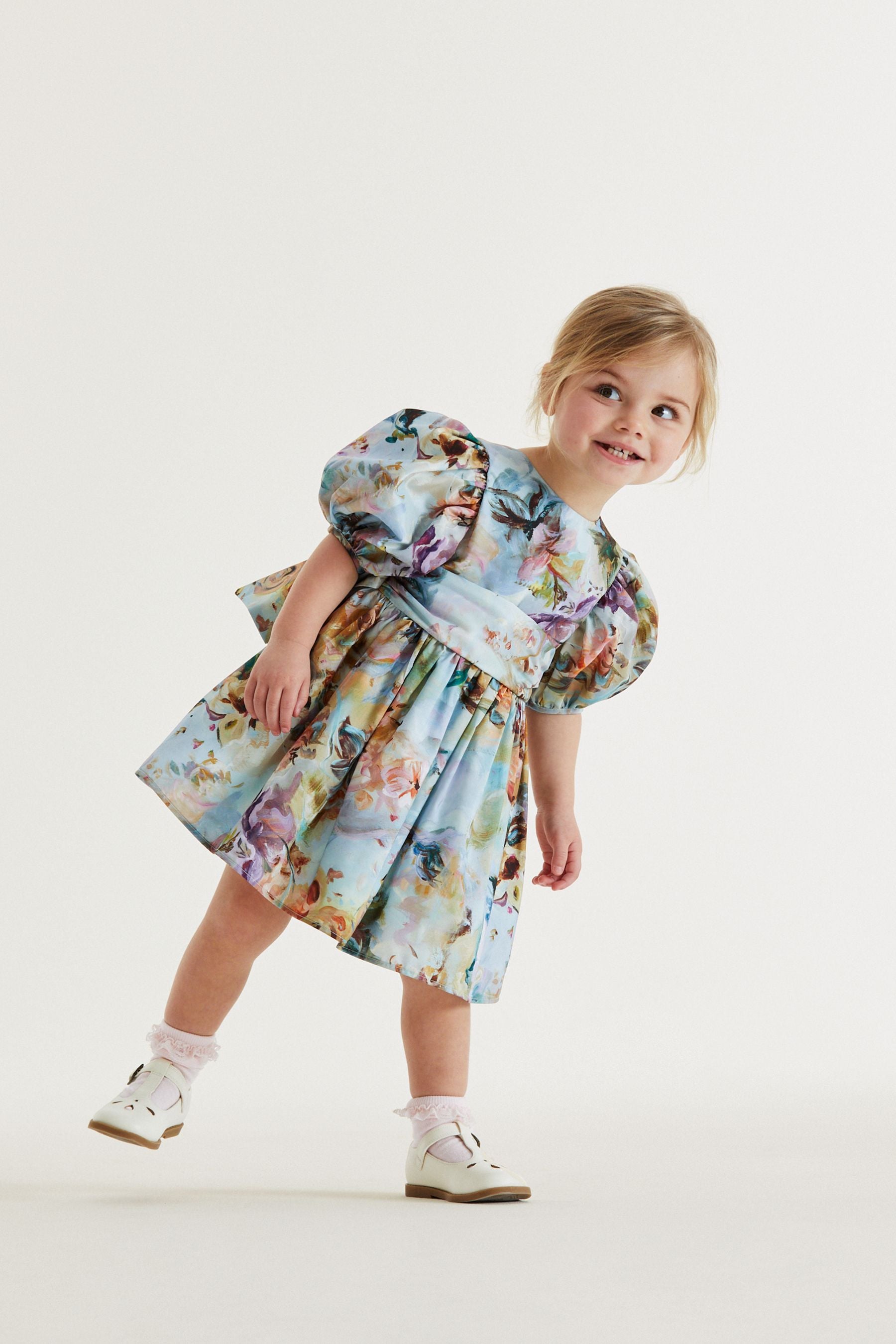 Pale Blue Floral Printed Taffeta Party Dress (3mths-8yrs)