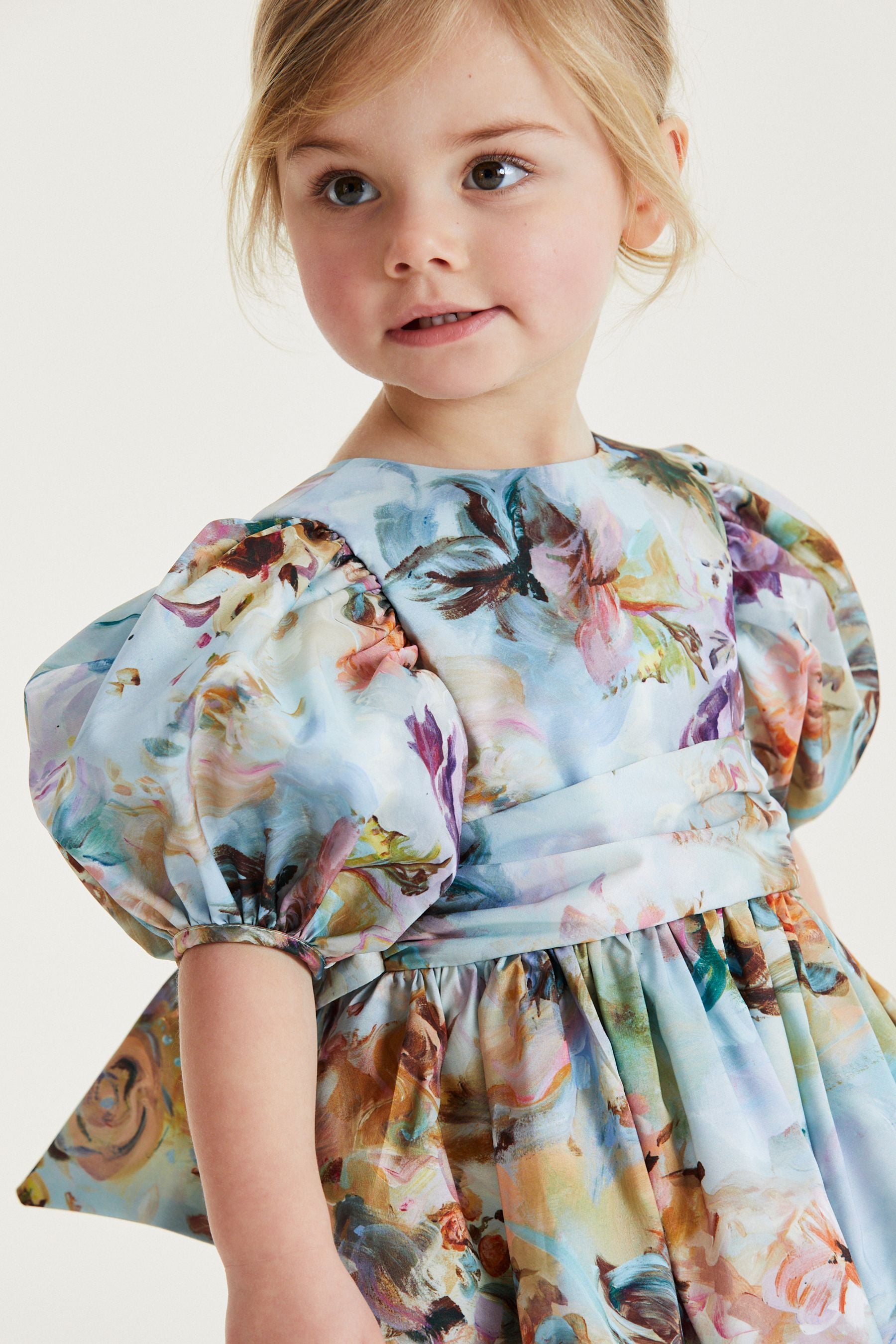 Pale Blue Floral Printed Taffeta Party Dress (3mths-8yrs)