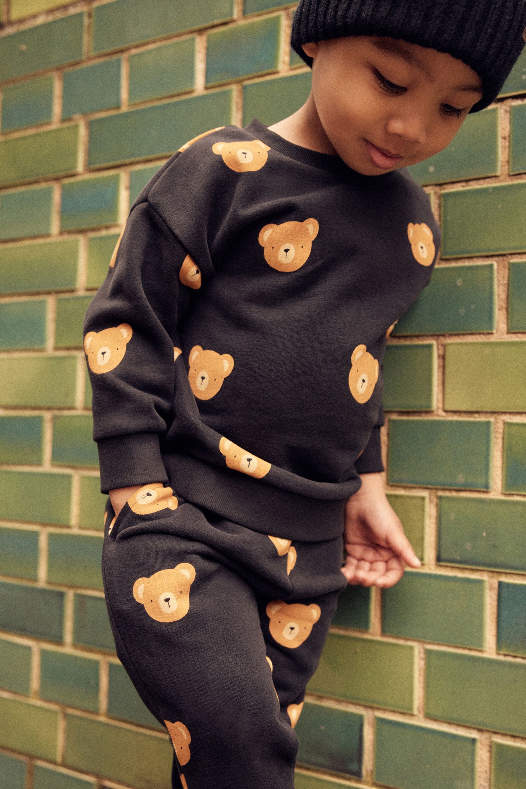 Black Bear All-Over Printed Oversized Sweatshirt and Joggers Set (3mths-7yrs)