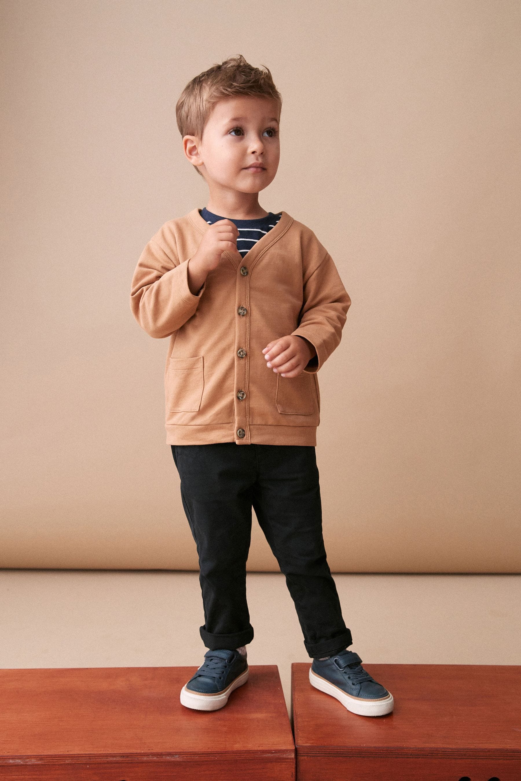 Tan Brown/Navy Blue Jersey Cardigan And Joggers 3 Piece Set (3mths-7yrs)