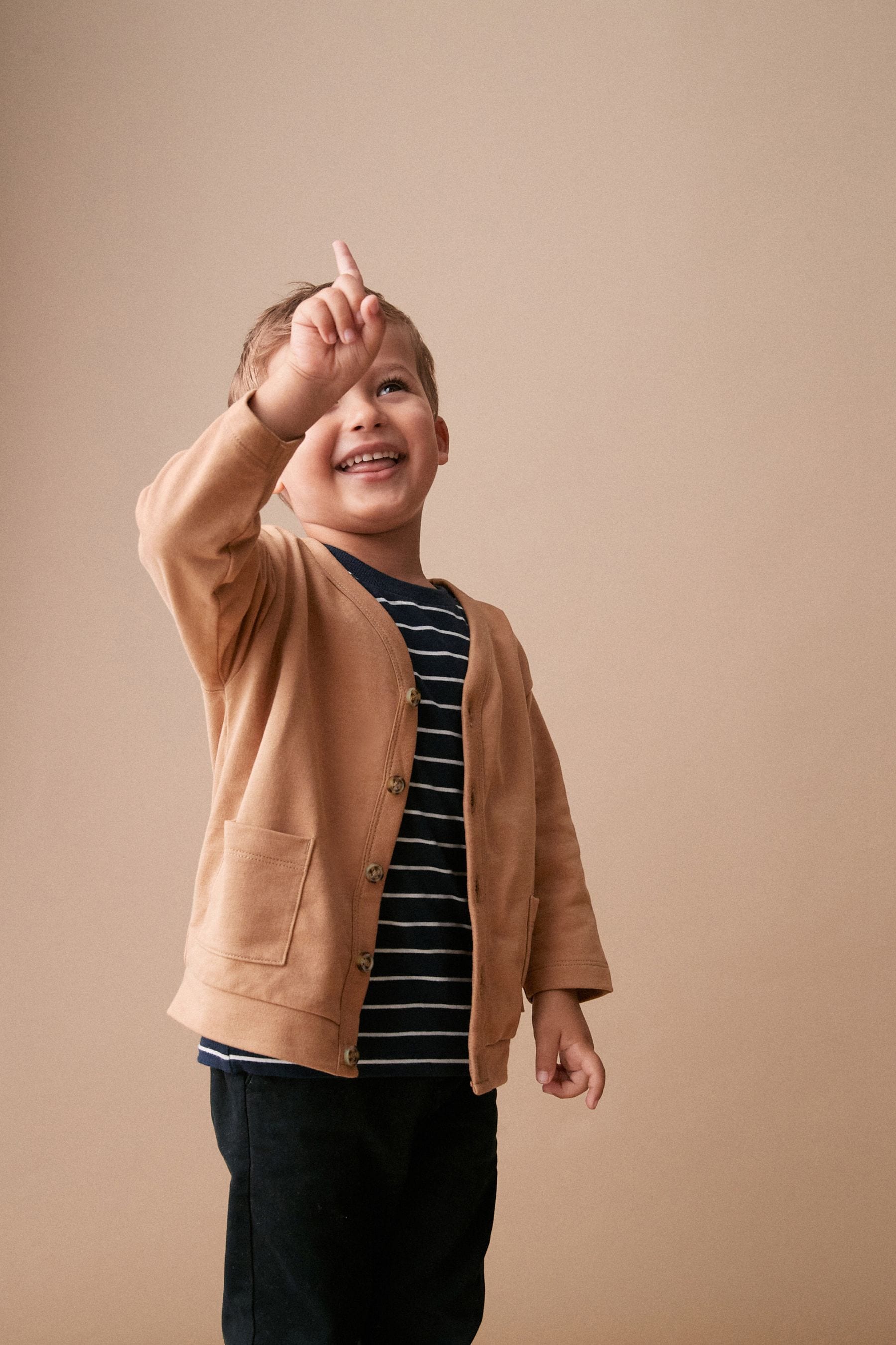 Tan Brown/Navy Blue Jersey Cardigan And Joggers 3 Piece Set (3mths-7yrs)