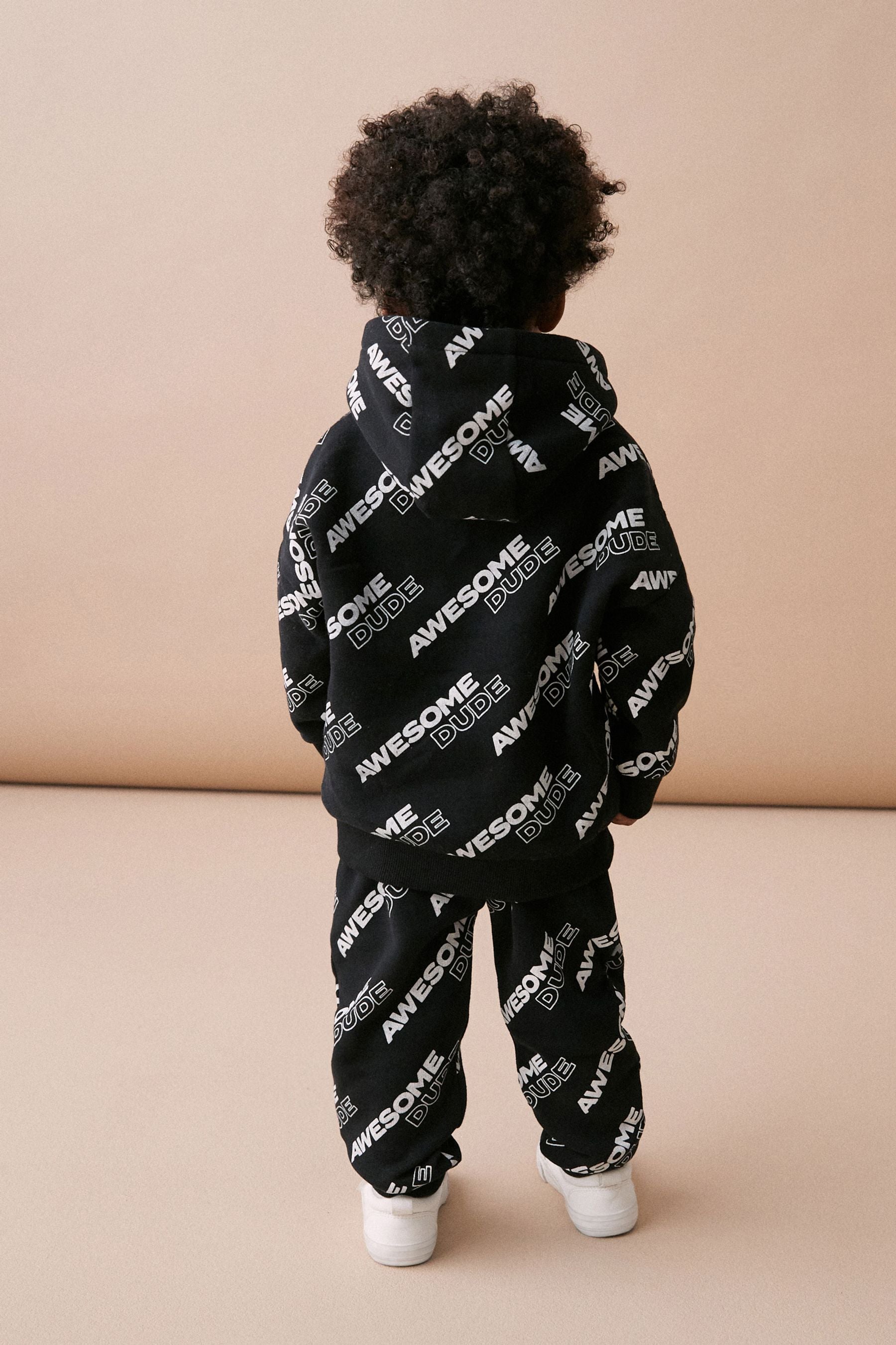 Black All-Over Printed Oversized Hoodie and Joggers Set (3mths-7yrs)