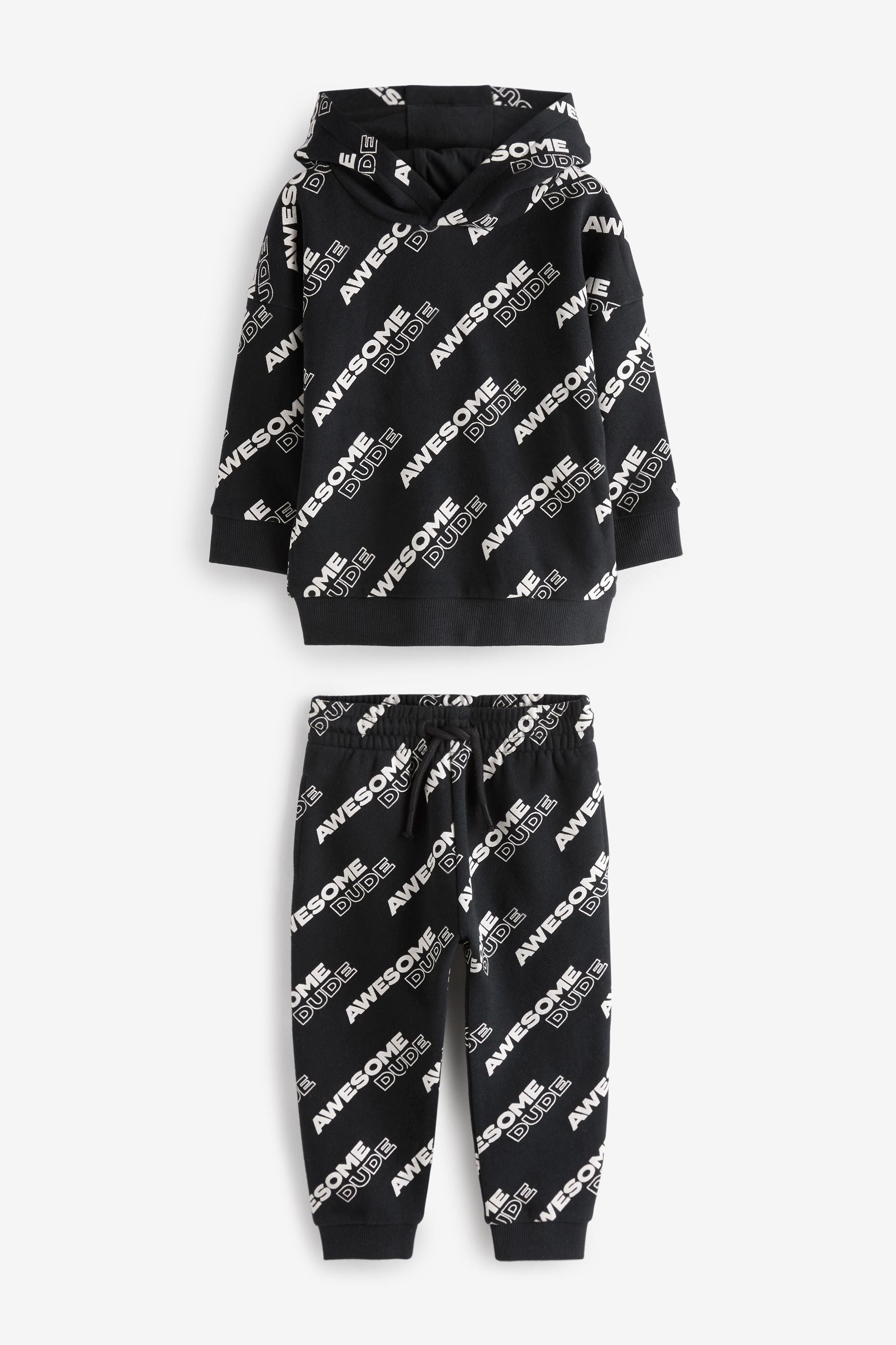 Black All-Over Printed Oversized Hoodie and Joggers Set (3mths-7yrs)