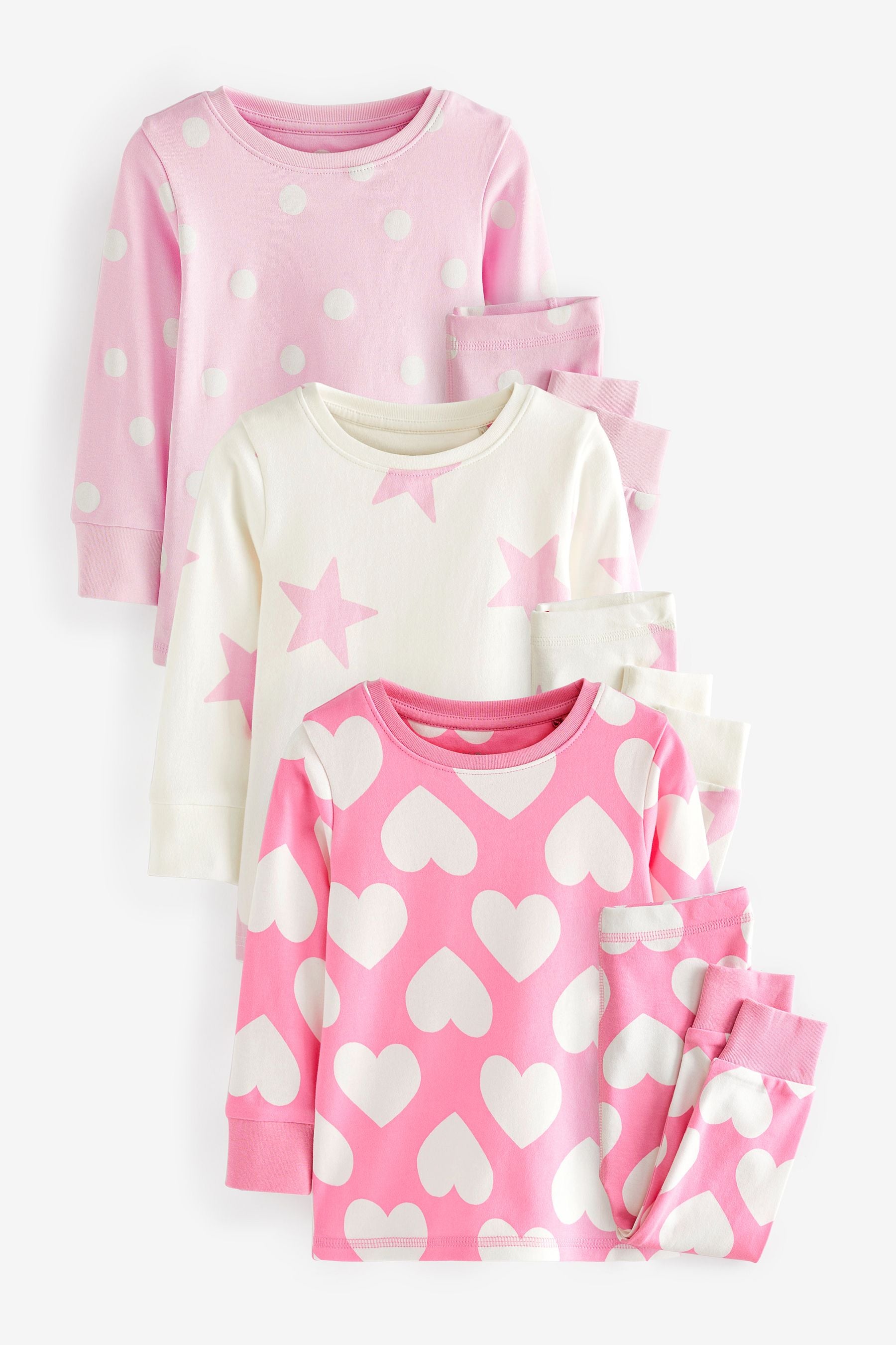 Pink/White Heart, Spot And Star Pyjamas 3 Pack (9mths-12yrs)