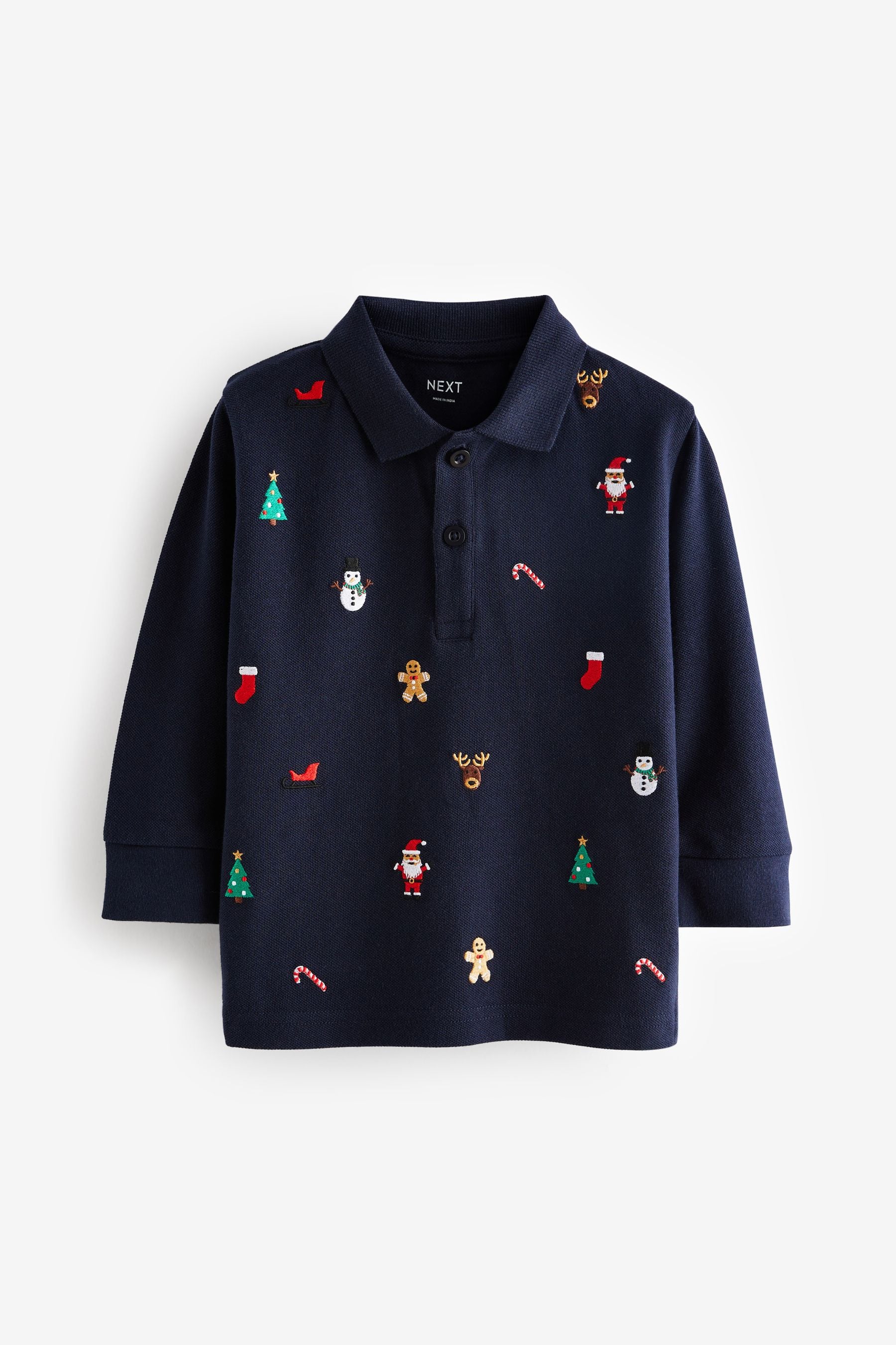 Navy Blue Christmas Long Sleeve All Over Embroidered Polo Shirt (3mths-7yrs)