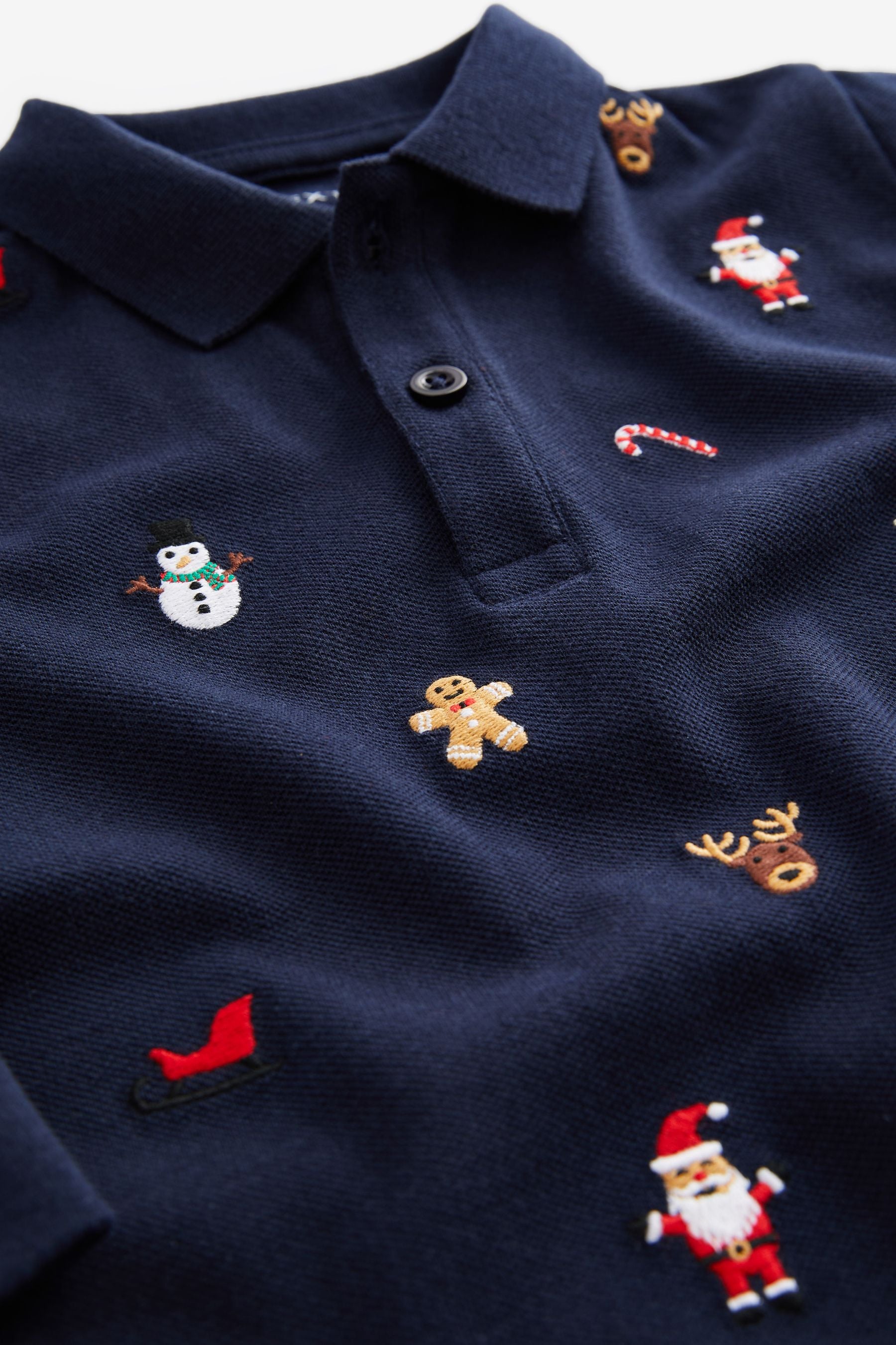 Navy Blue Christmas Long Sleeve All Over Embroidered Polo Shirt (3mths-7yrs)