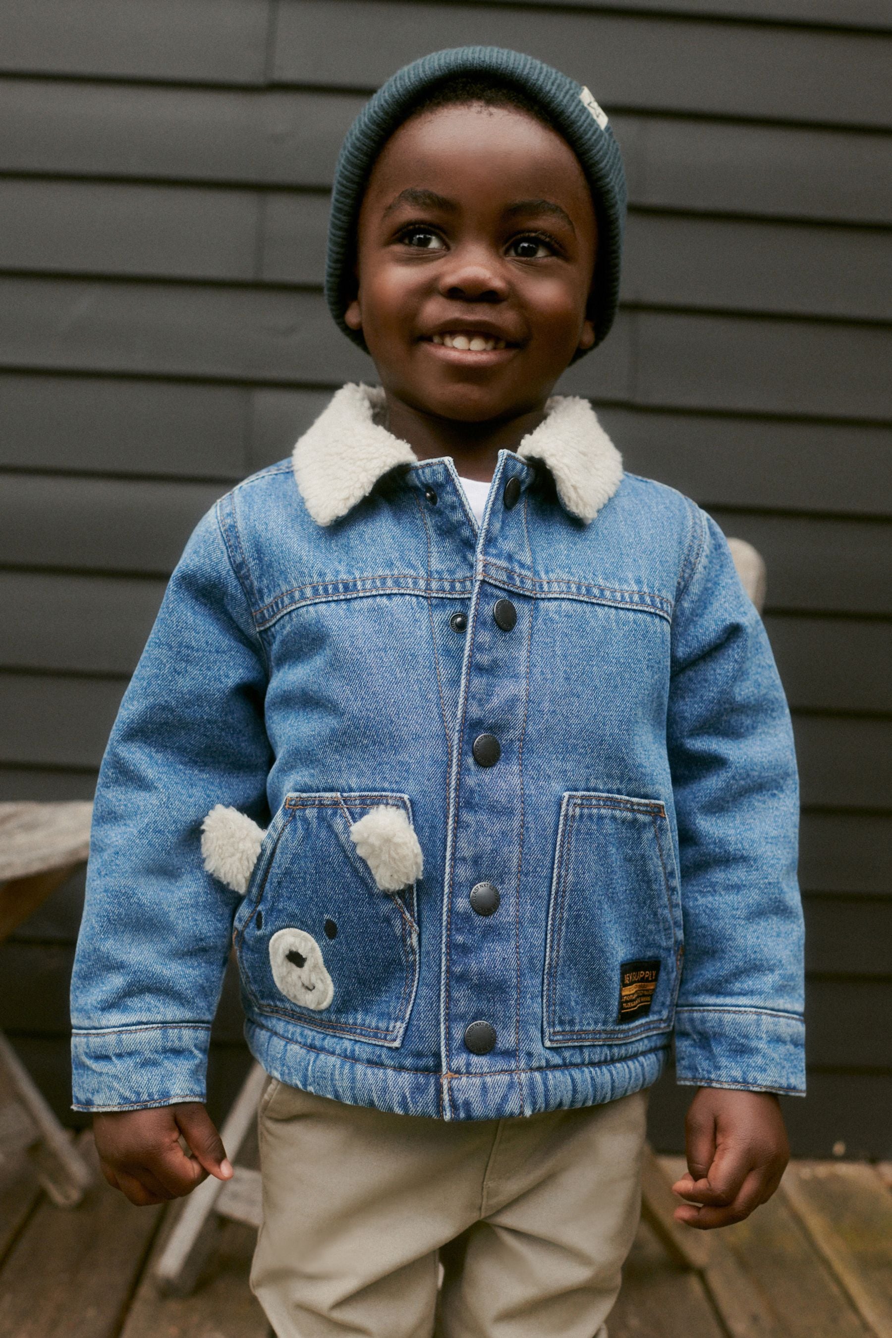 Denim Bear Pocket Denim Teddy Borg Fleece Lined Jacket (3mths-7yrs)