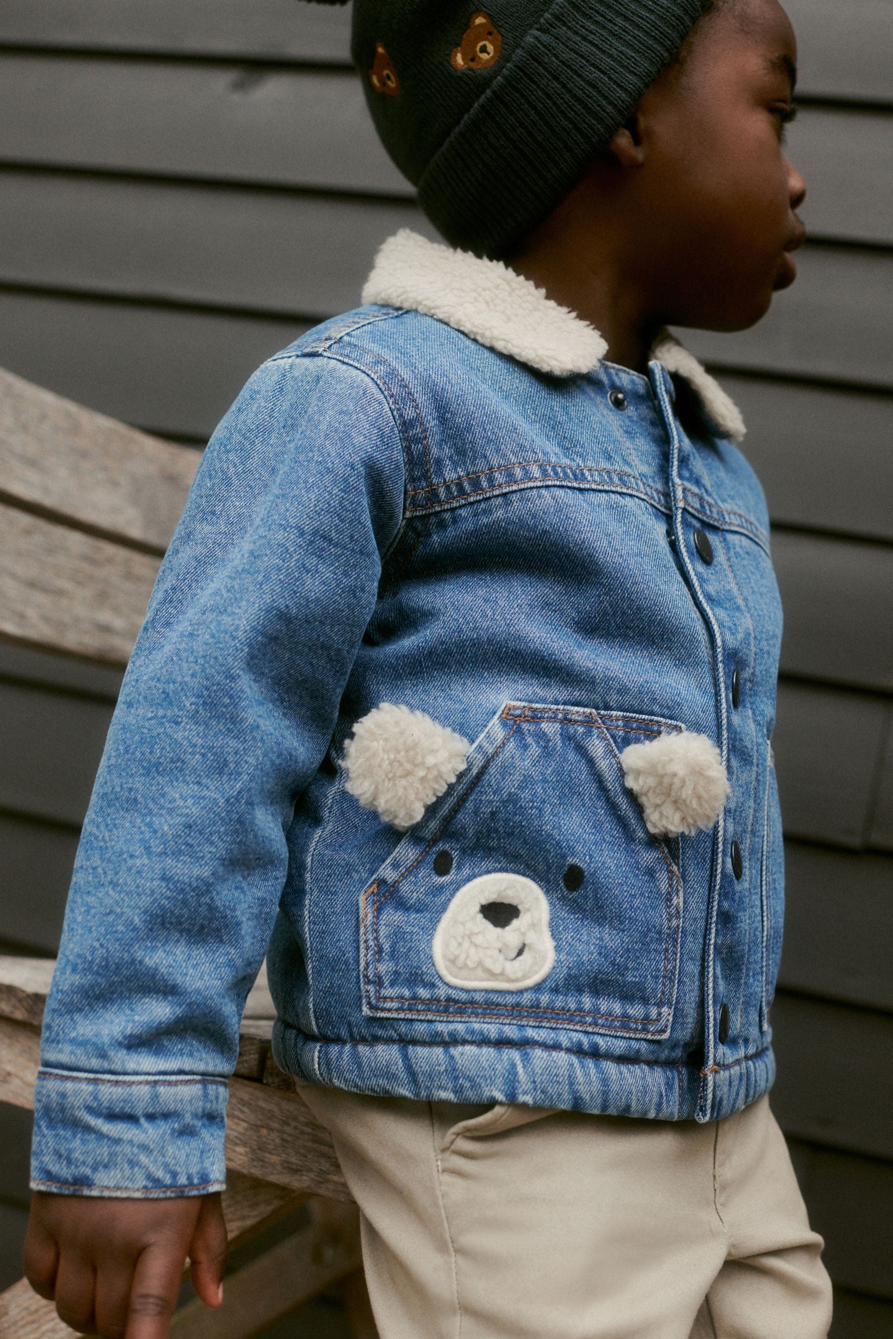 Denim Bear Pocket Denim Teddy Borg Fleece Lined Jacket (3mths-7yrs)