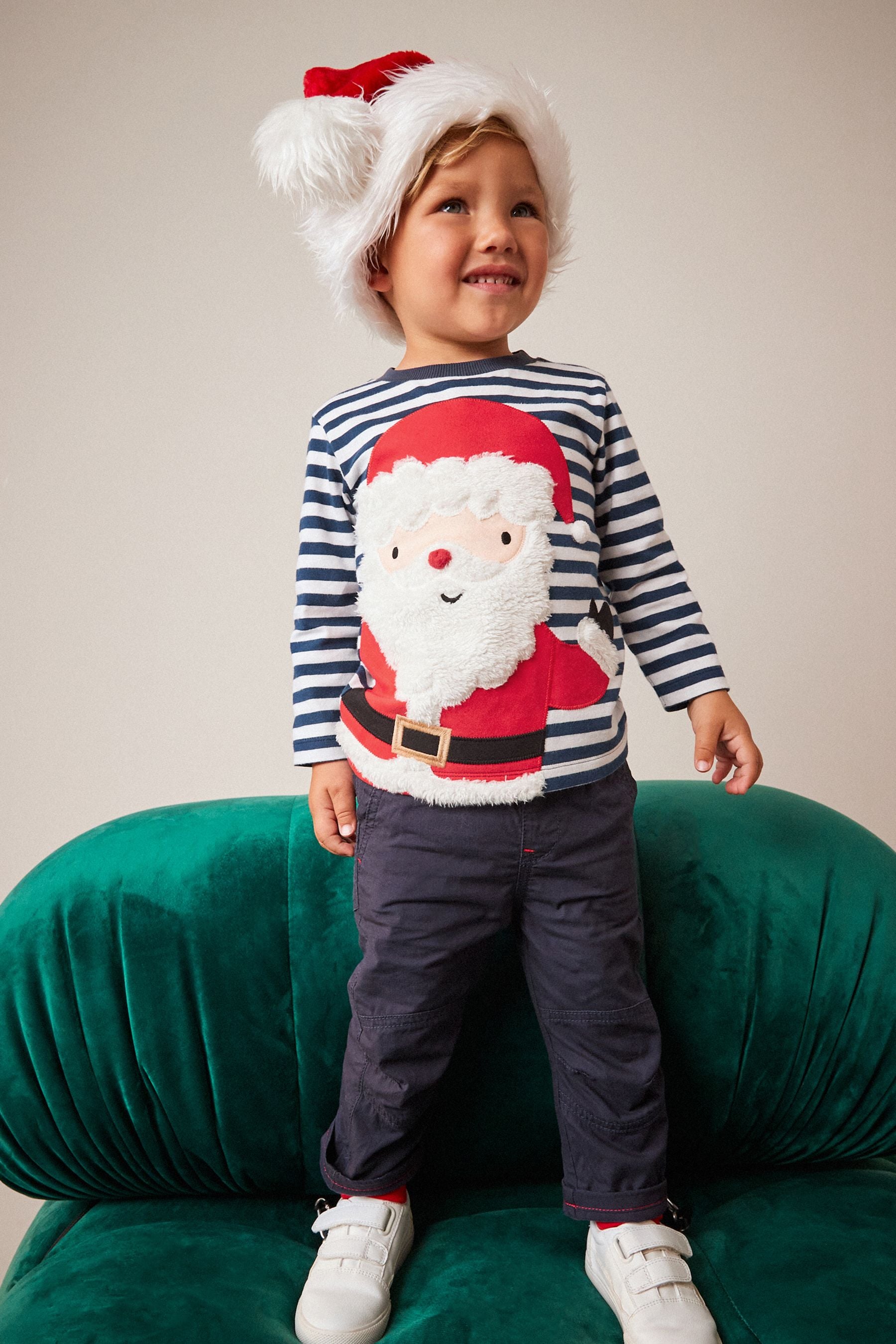 Navy Stripe Santa Long Sleeve Christmas T-Shirt (3mths-7yrs)