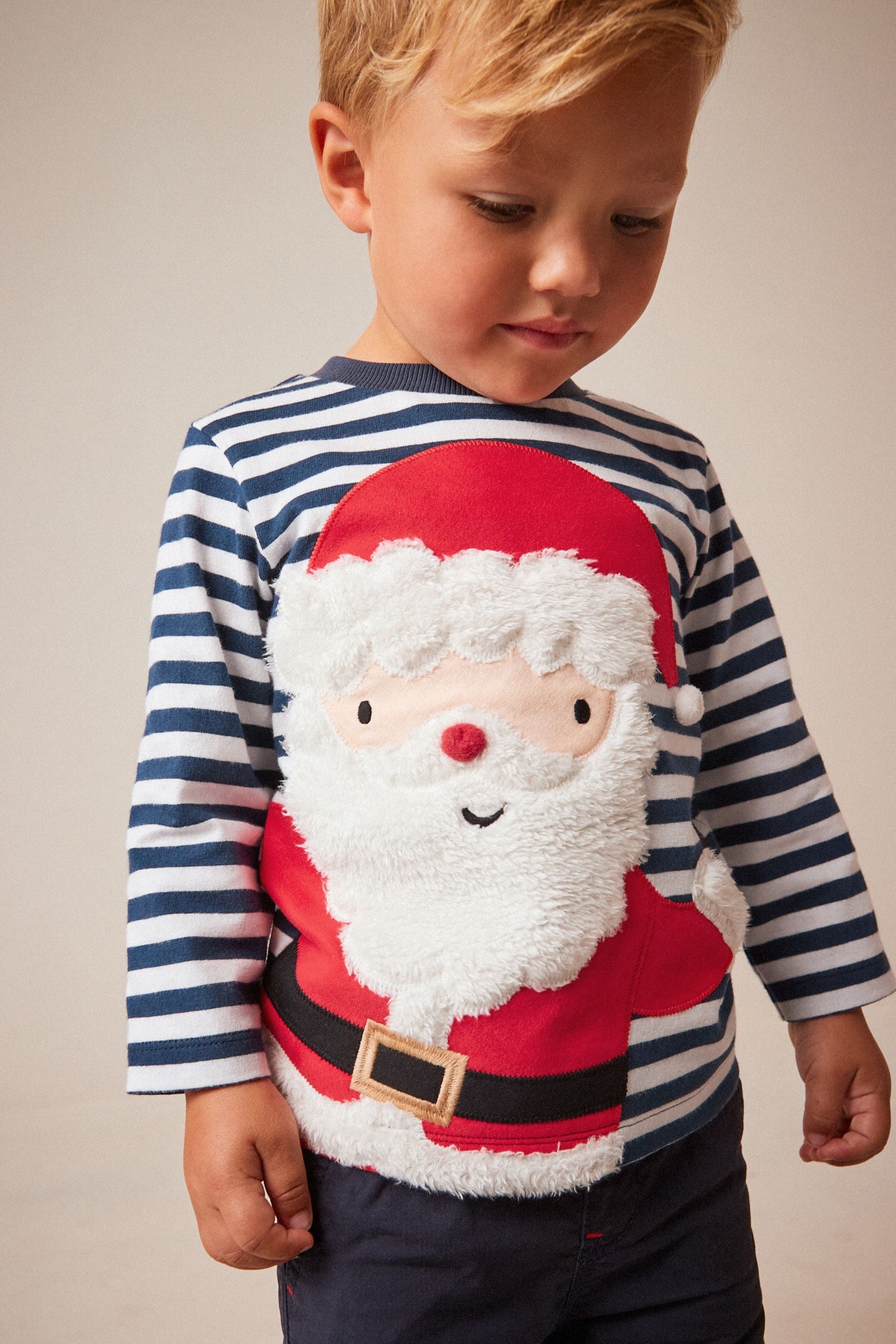 Navy Stripe Santa Long Sleeve Christmas T-Shirt (3mths-7yrs)