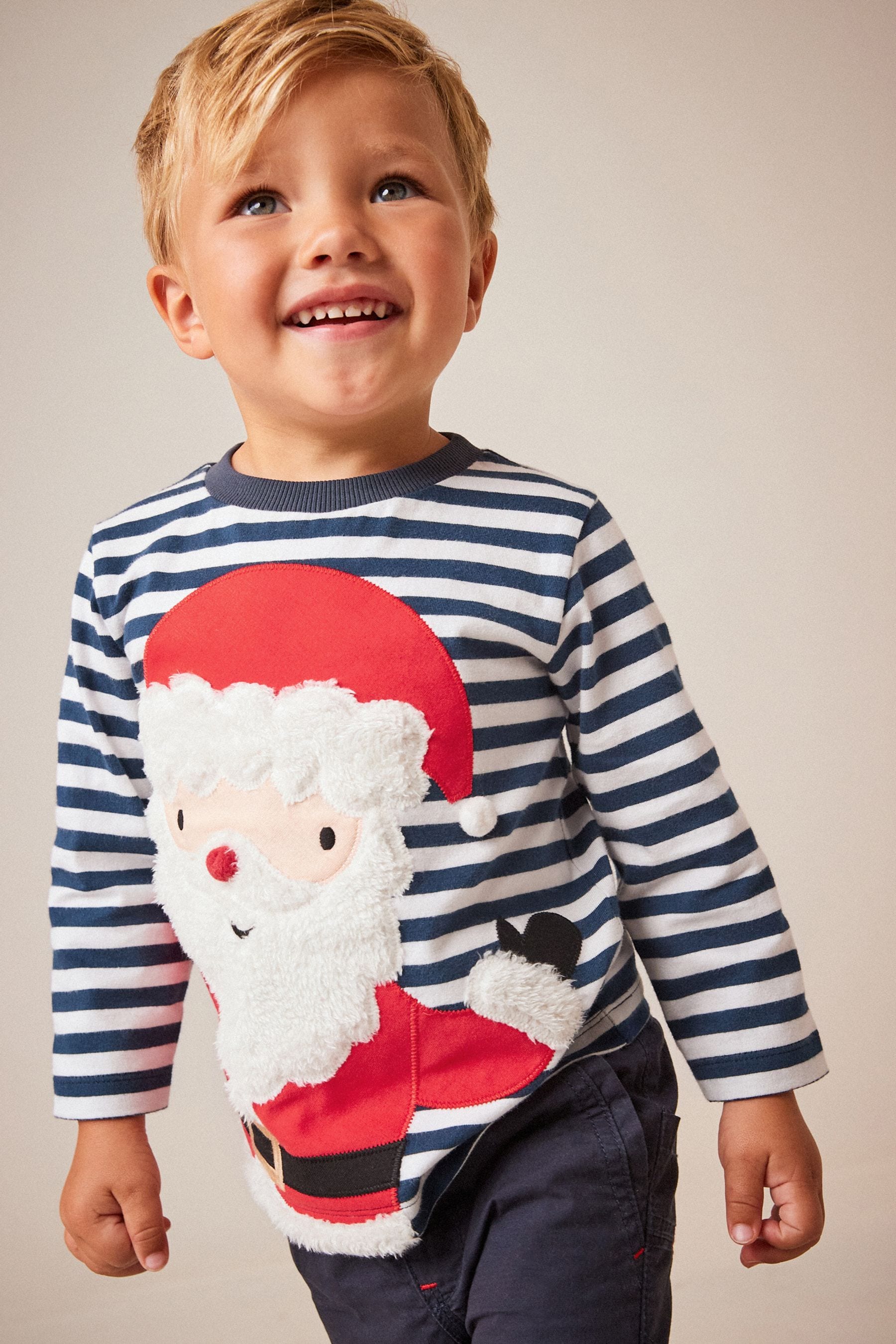 Navy Stripe Santa Long Sleeve Christmas T-Shirt (3mths-7yrs)