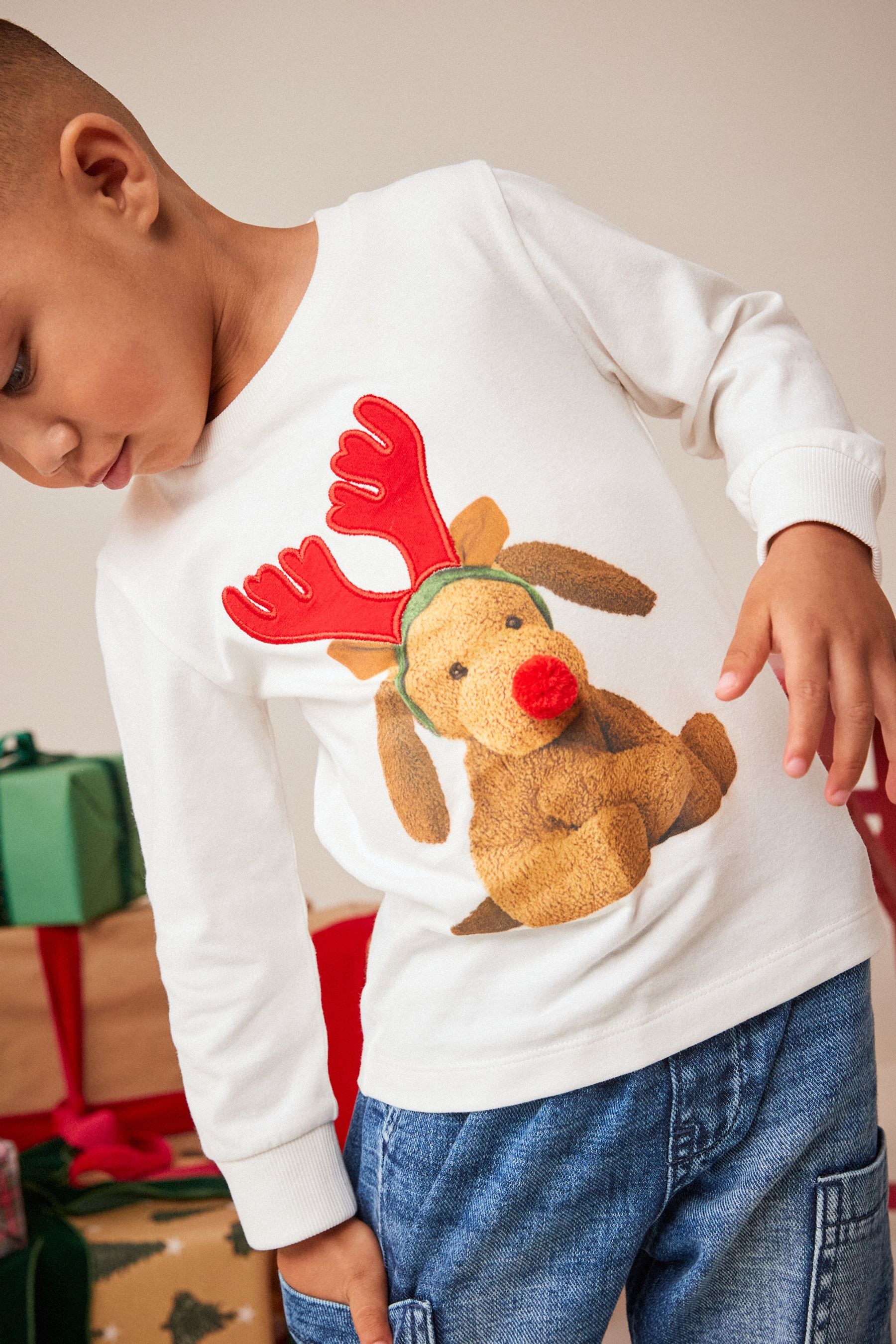 White Reindeer Long Sleeve Christmas T-Shirt (3mths-7yrs)